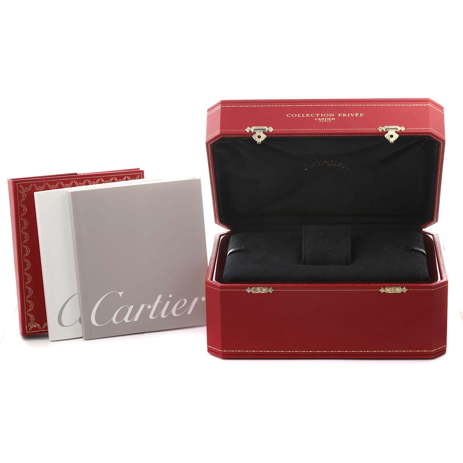 The image shows an open red Cartier Tortue 2498E Men's Rose Gold Silver Dial 2498E Men's Rose Gold Silver Dial watch box with accompanying booklets.