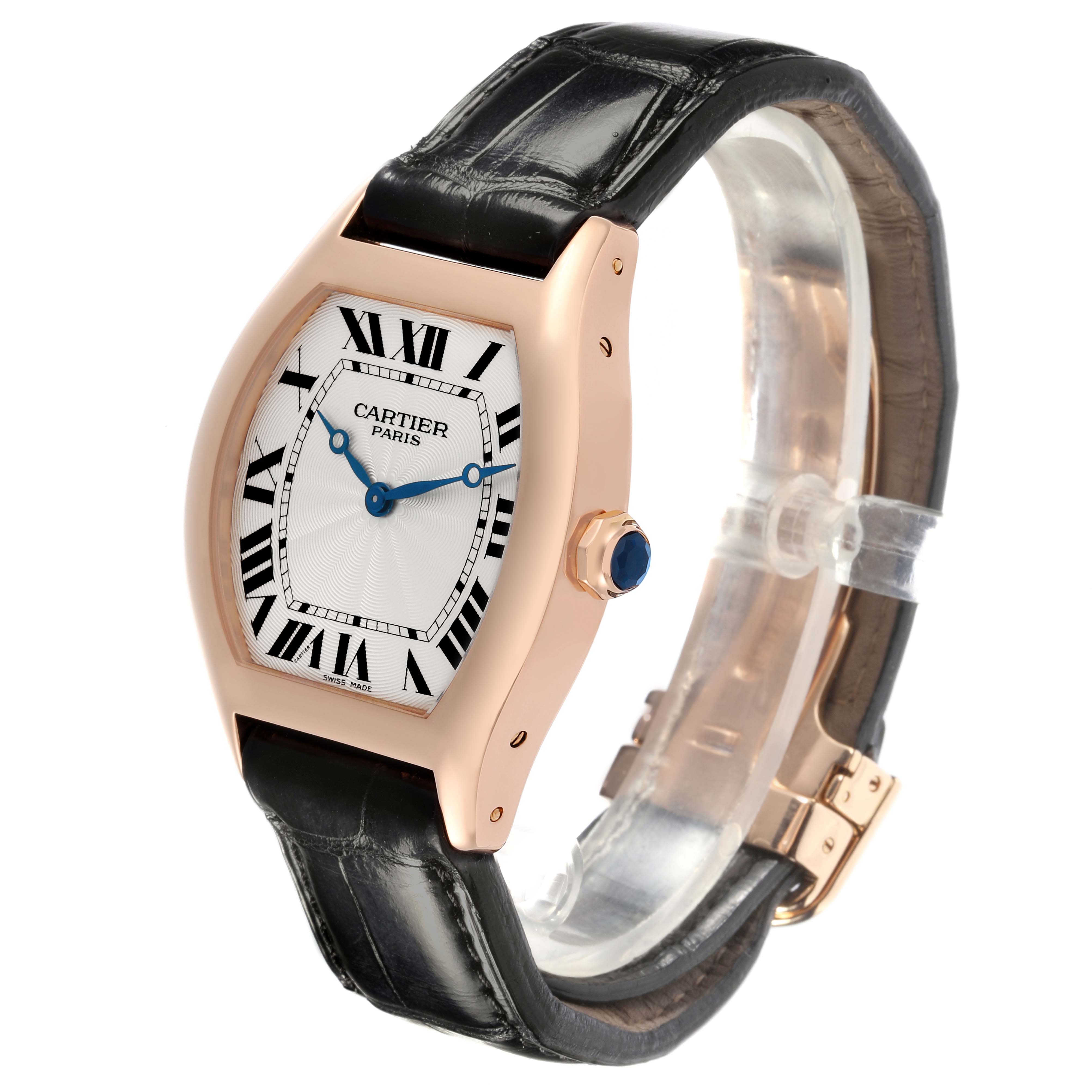 The Cartier Tortue 2498E Men's Rose Gold Silver Dial 2498E Men's Rose Gold Silver Dial watch is shown at a three-quarter angle, displaying the face, case, crown, and leather strap.