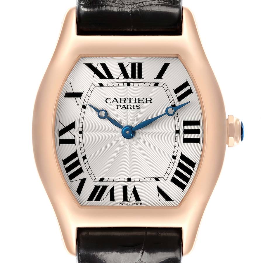 The Cartier Tortue watch is shown from the front, highlighting its dial, Roman numerals, hands, and crown.