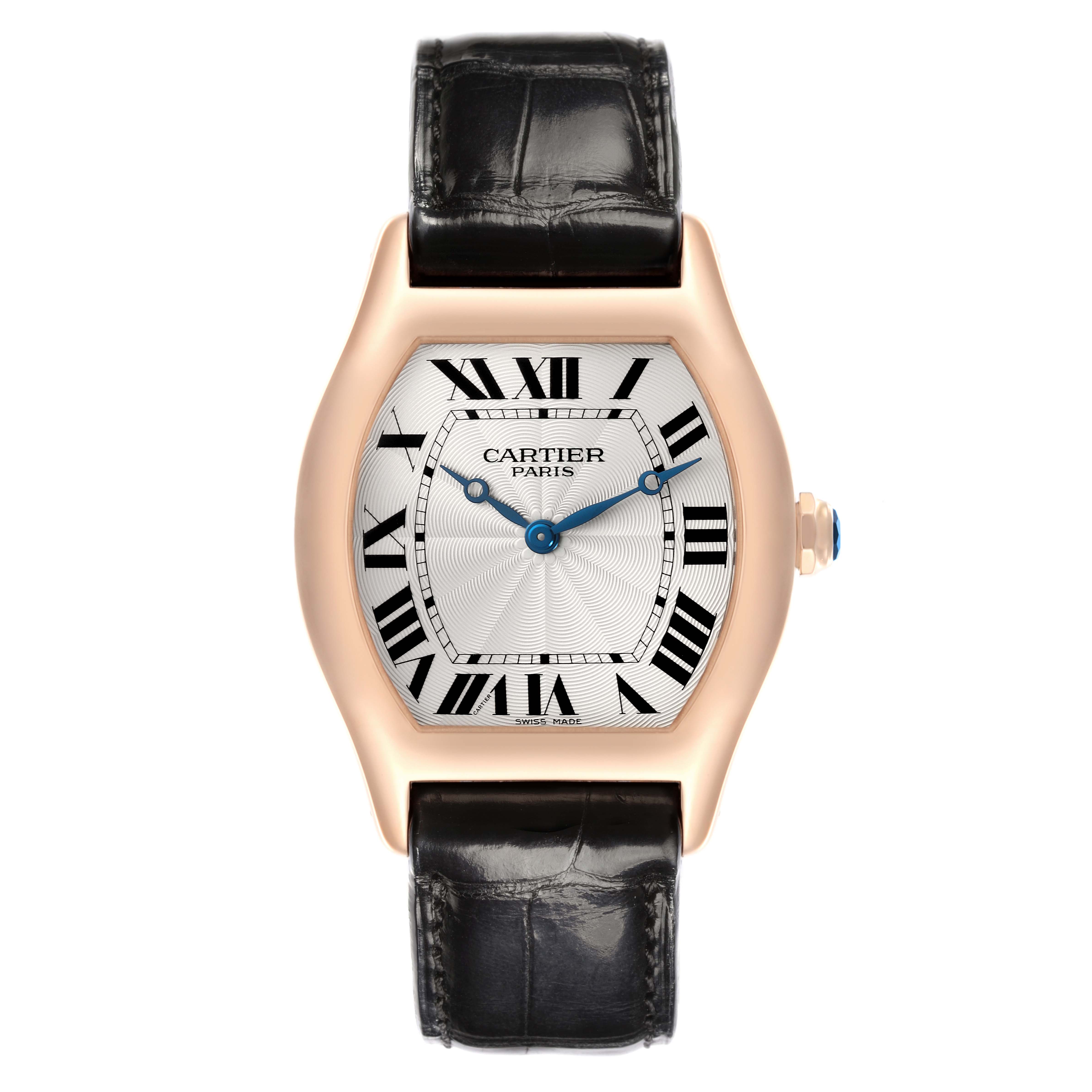 The Cartier Tortue 2498E Men's Rose Gold Silver Dial 2498E Men's Rose Gold Silver Dial watch is shown from a front angle, highlighting the dial, hands, and black leather strap.