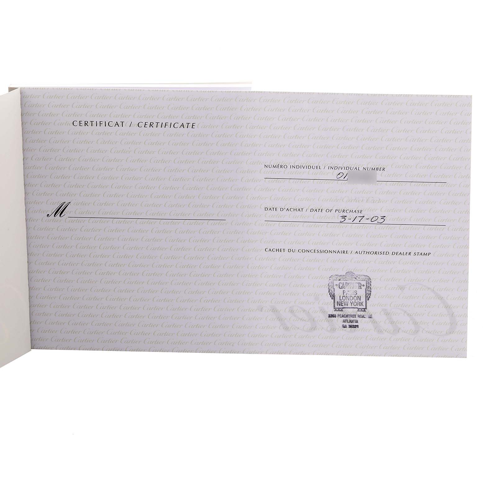 This image shows a Cartier Tortue 2498E Men's Rose Gold Silver Dial 2498E Men's Rose Gold Silver Dial watch certificate with purchase details and dealer stamp.