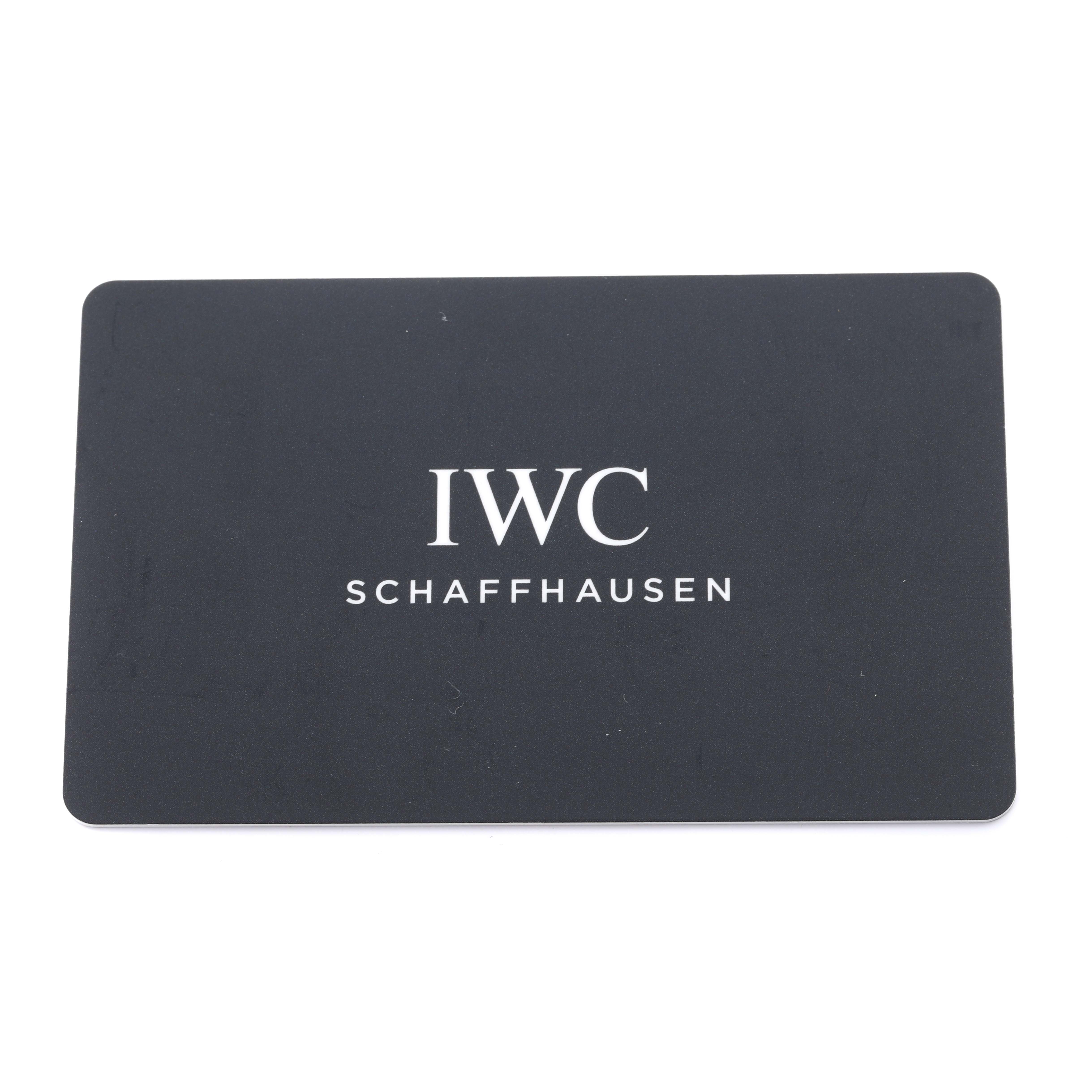 The image shows an IWC Schaffhausen warranty card for the IWC Pilot IW501004 Men's Titanium Black Dial IW501004 Men's Titanium Black Dial model.