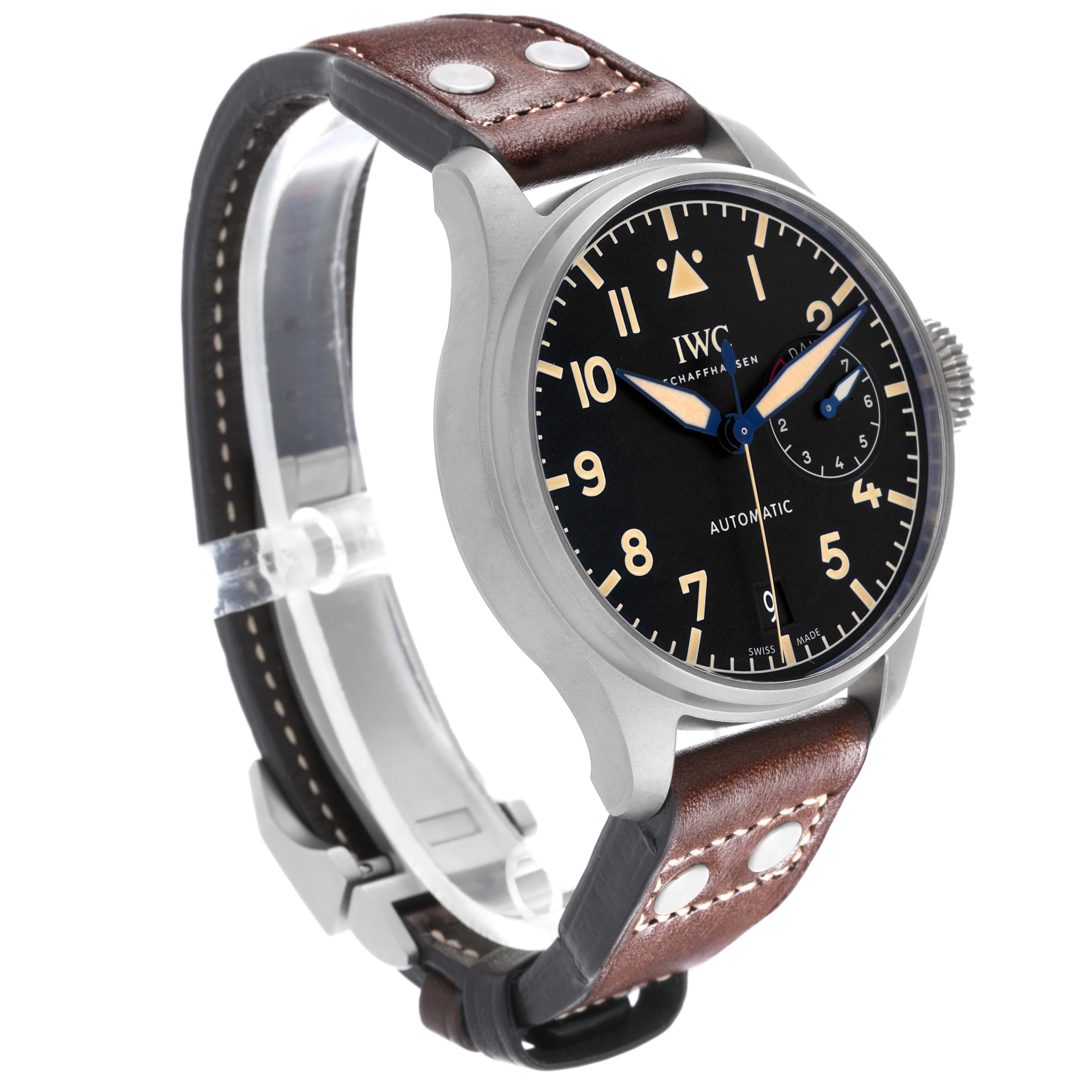The IWC Pilot IW501004 Men's Titanium Black Dial IW501004 Men's Titanium Black Dial model watch is shown from a side angle, displaying the face, case, crown, and leather strap.