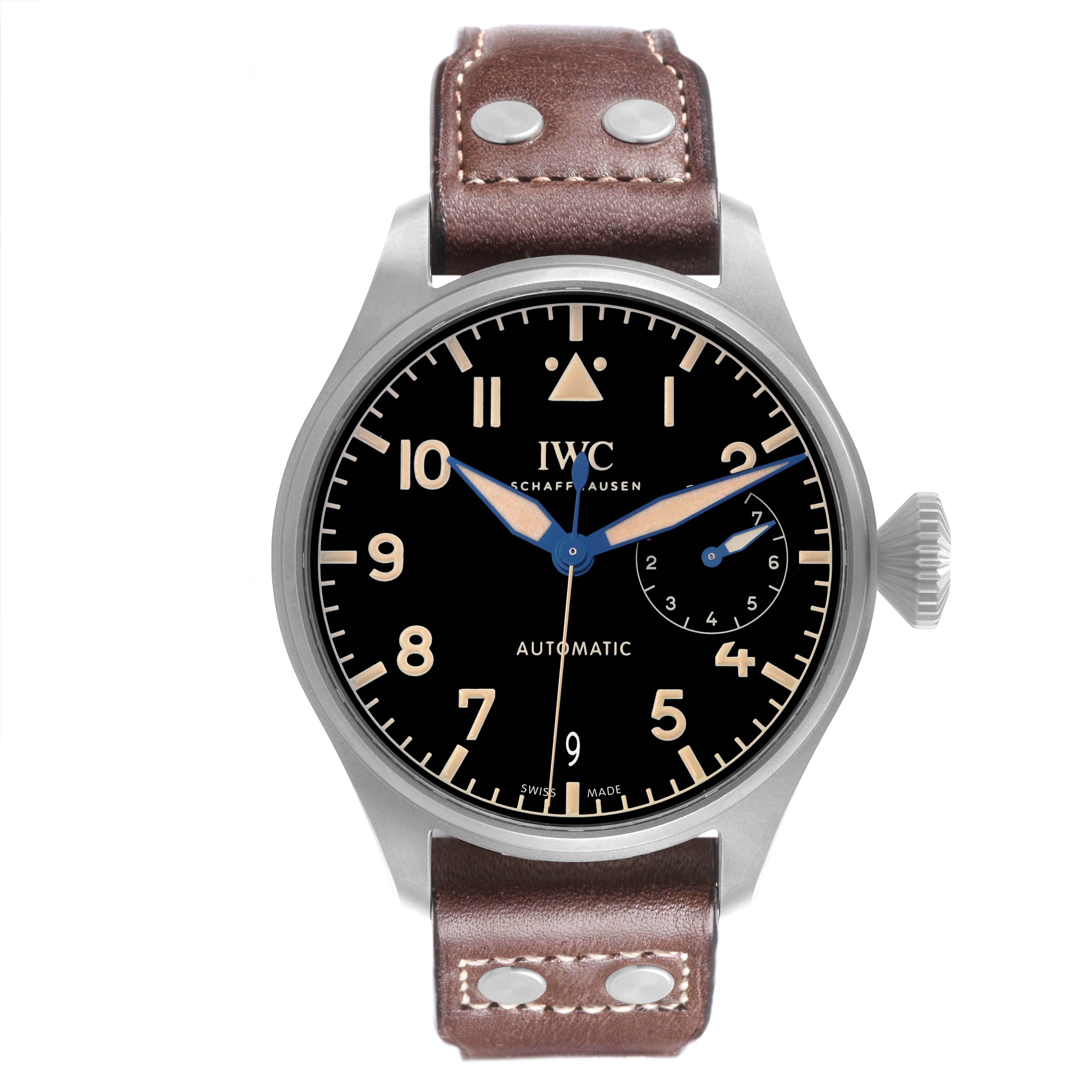 The IWC Pilot IW501004 Men's Titanium Black Dial IW501004 Men's Titanium Black Dial watch is shown from a front angle, highlighting the dial, hands, crown, and leather strap.
