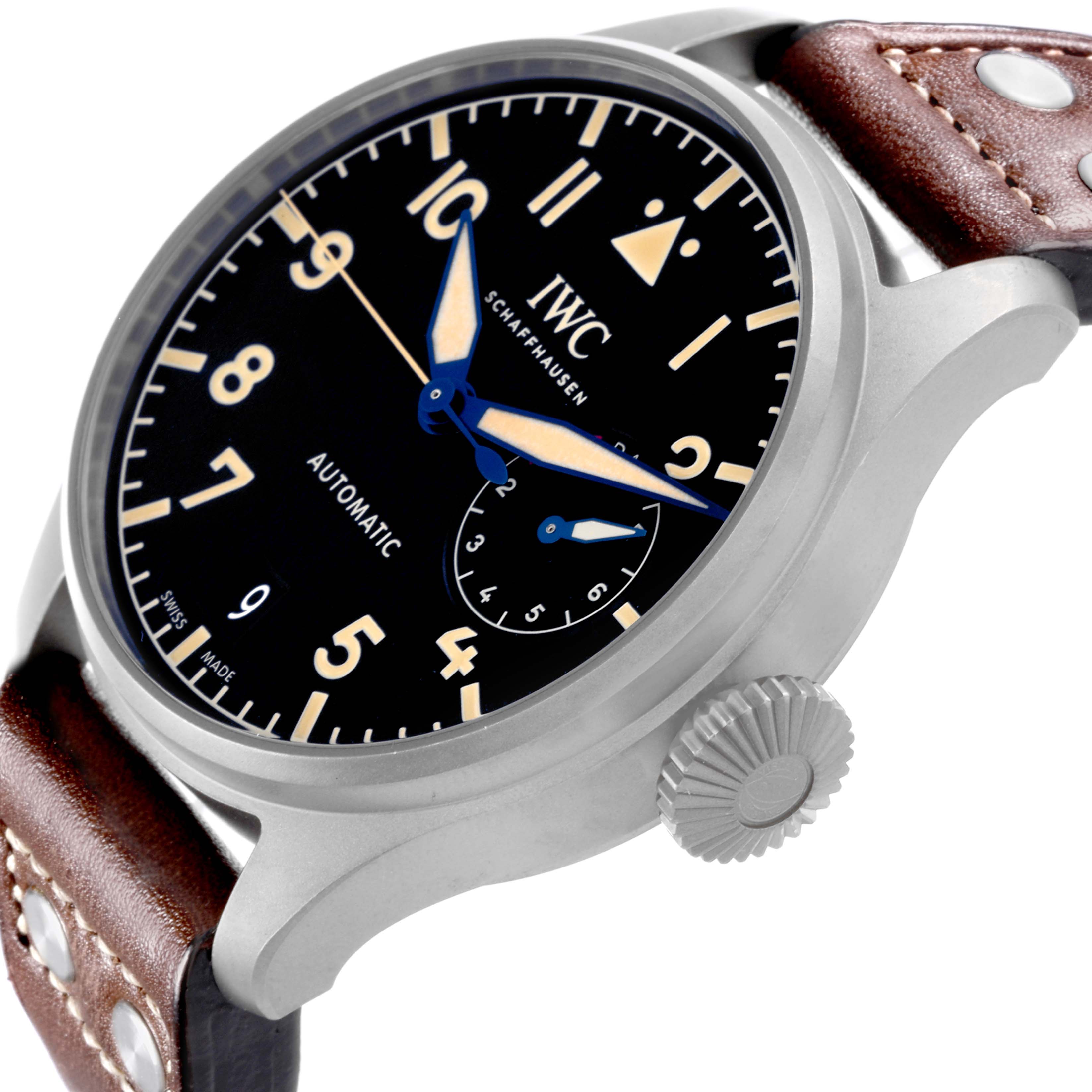 The IWC Pilot IW501004 Men's Titanium Black Dial IW501004 Men's Titanium Black Dial watch is shown at an angled side view, highlighting the dial, hands, bezel, crown, and leather strap.
