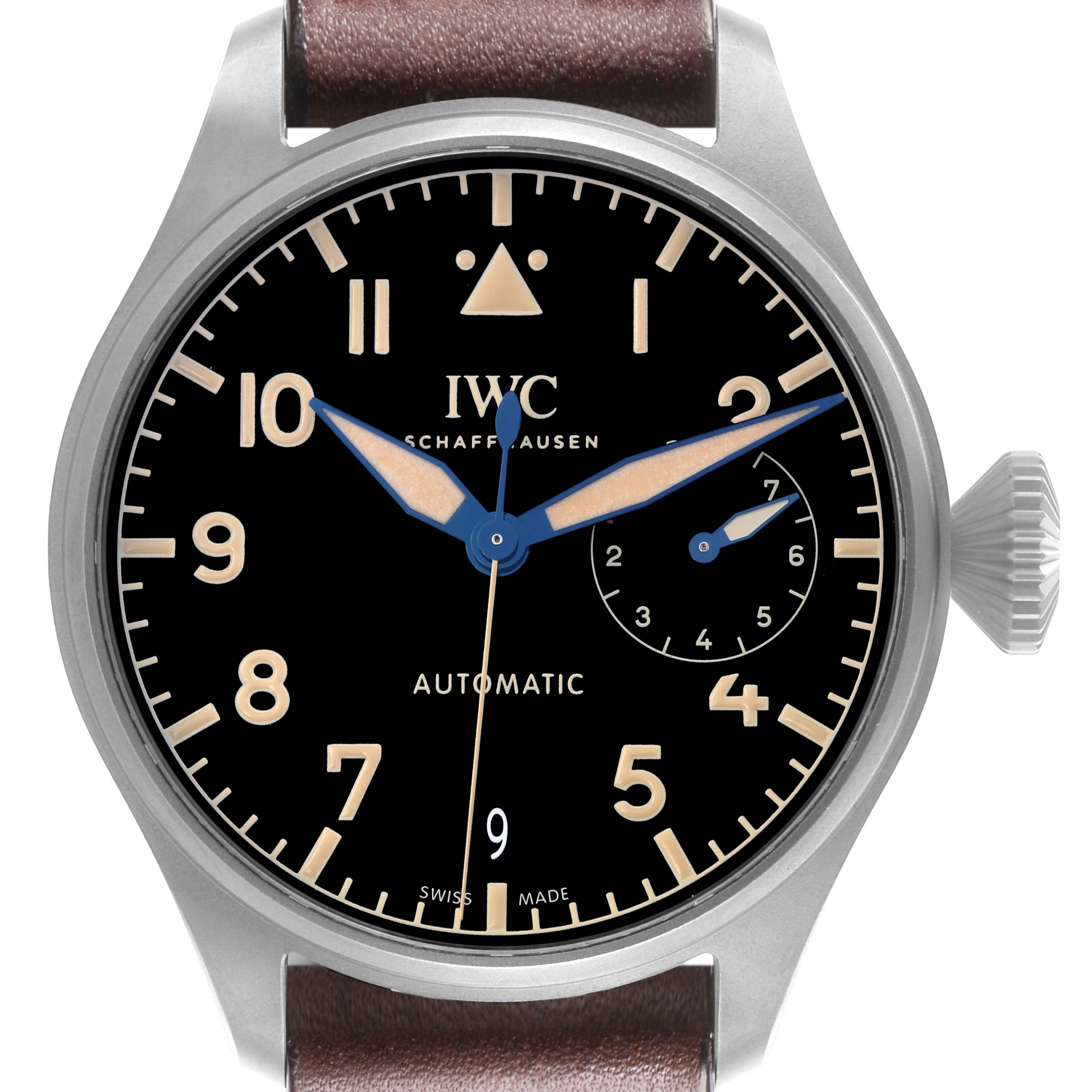 The IWC Pilot IW501004 Men's Titanium Black Dial IW501004 Men's Titanium Black Dial model watch is shown from the front, displaying its dial, markers, hands, and crown.