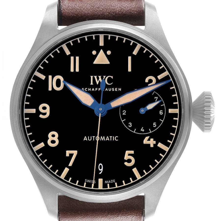 The IWC Pilot model watch is shown from the front, displaying its dial, markers, hands, and crown.