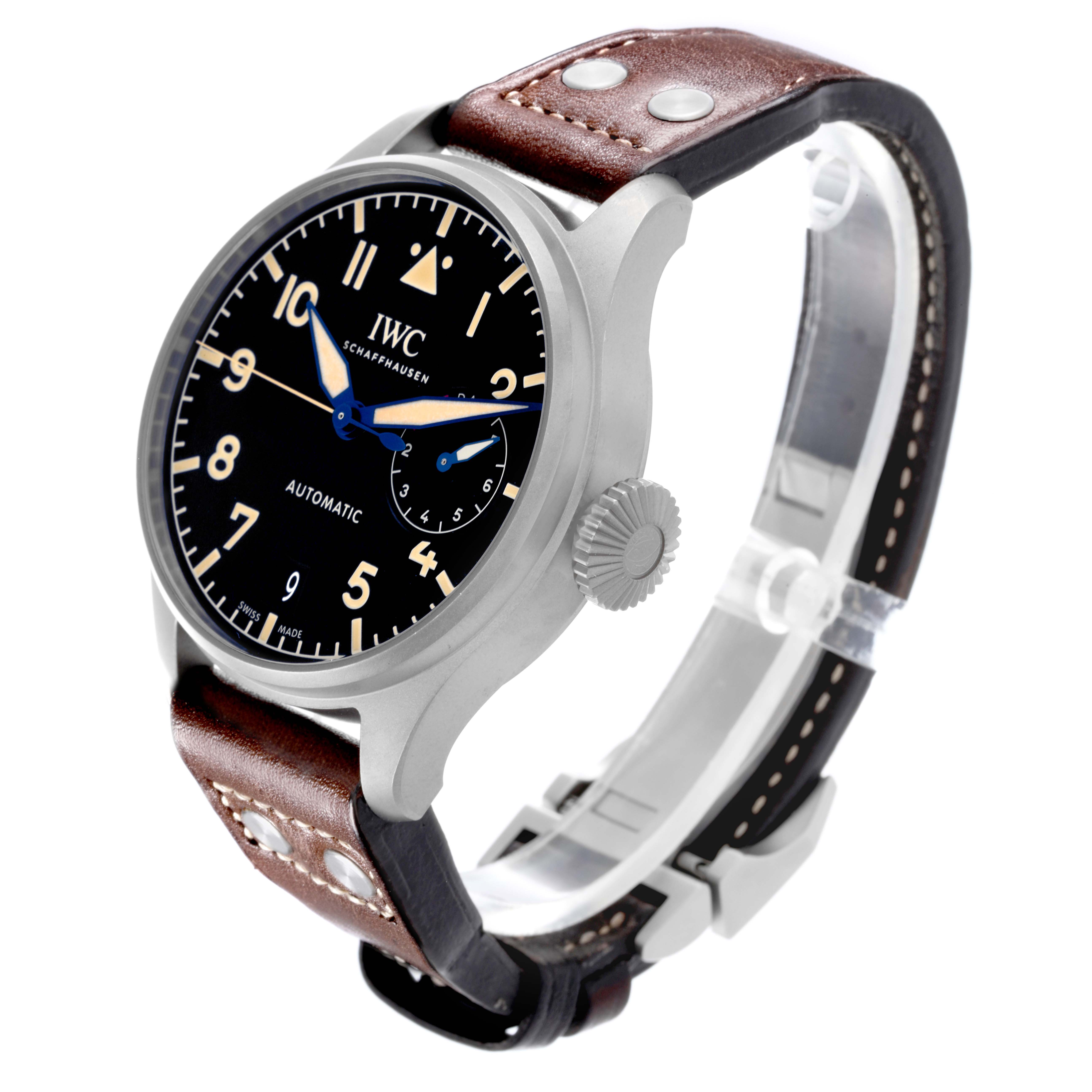 The IWC Pilot IW501004 Men's Titanium Black Dial IW501004 Men's Titanium Black Dial watch is shown at a three-quarter angle, highlighting the face, crown, and brown leather strap.
