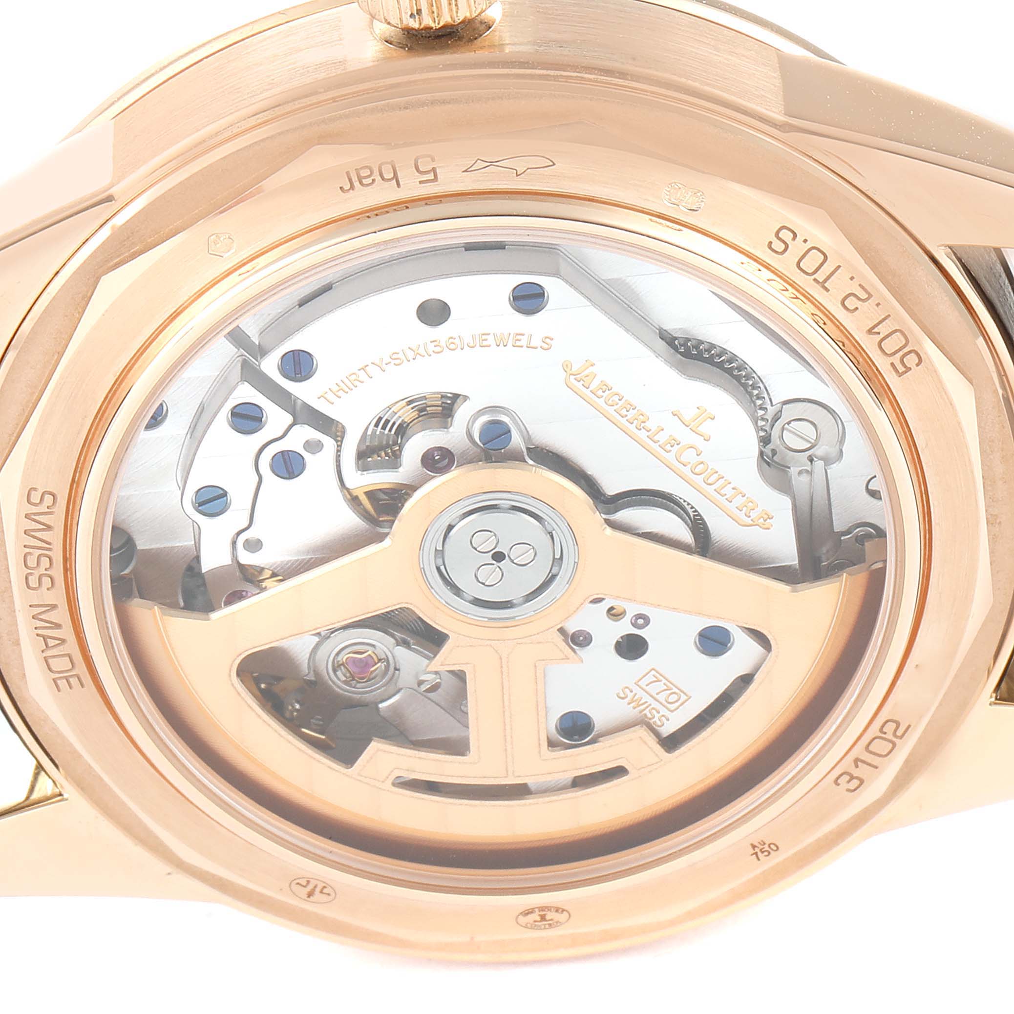 This image shows the case back of the Jaeger-LeCoultre Geophysic watch, highlighting its movement and the rotor.