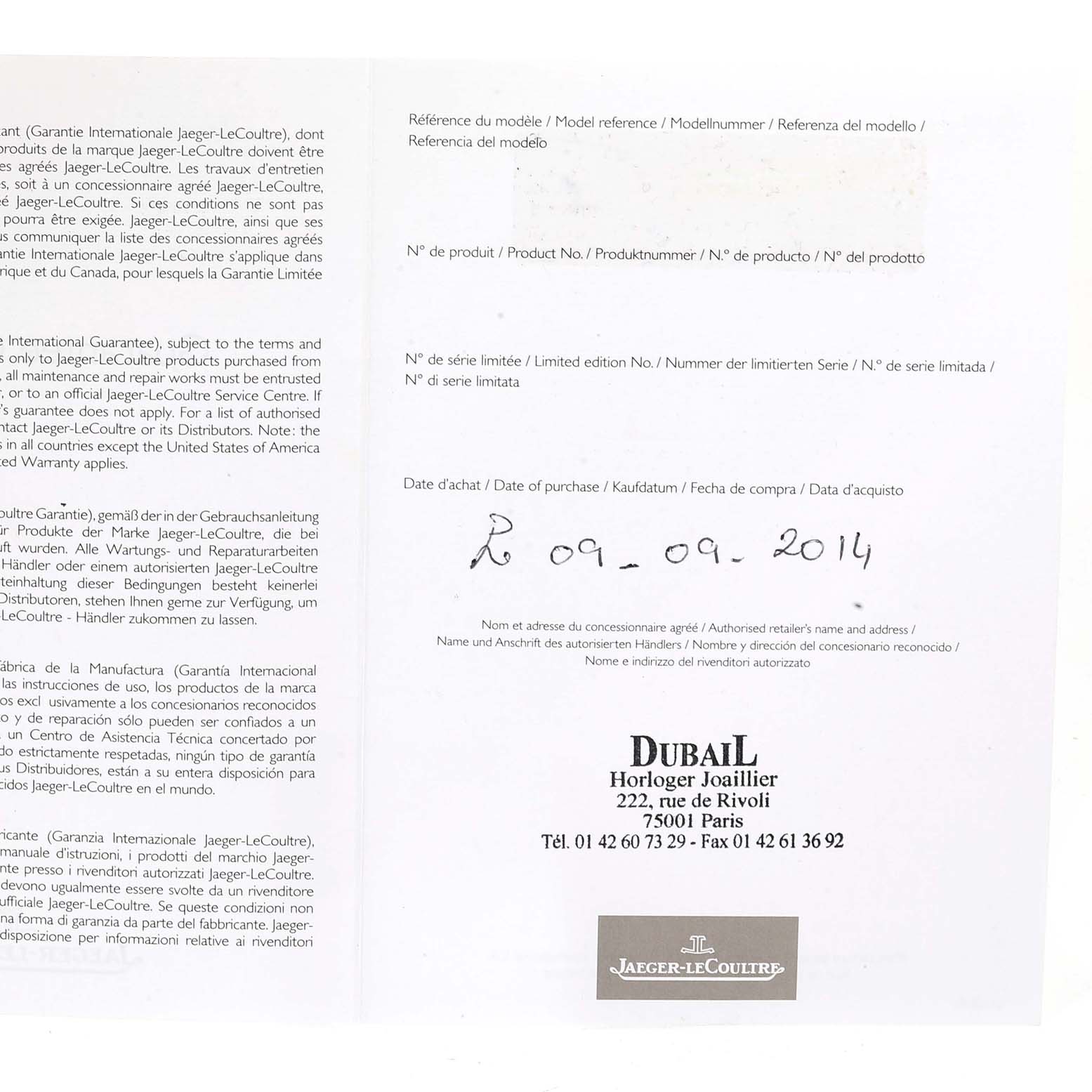 The image shows a Jaeger-LeCoultre Geophysic model warranty card with details of purchase and retailer information.
