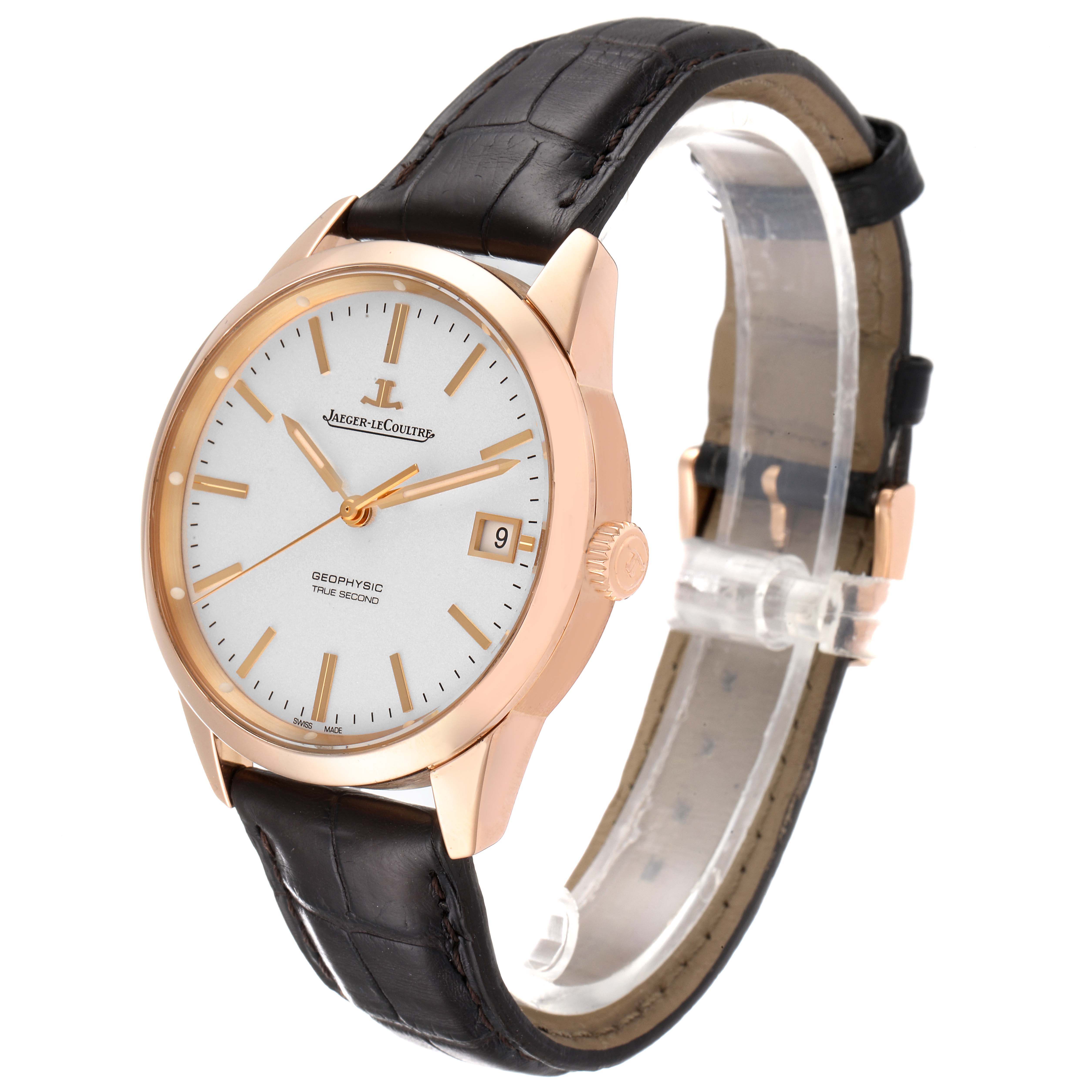 The image shows a Jaeger LeCoultre Geophysic Q8012520 Men's Rose Gold Silver Dial Q8012520 Men's Rose Gold Silver Dial watch at a 3/4 angle, highlighting its face, bezel, crown, and leather strap.