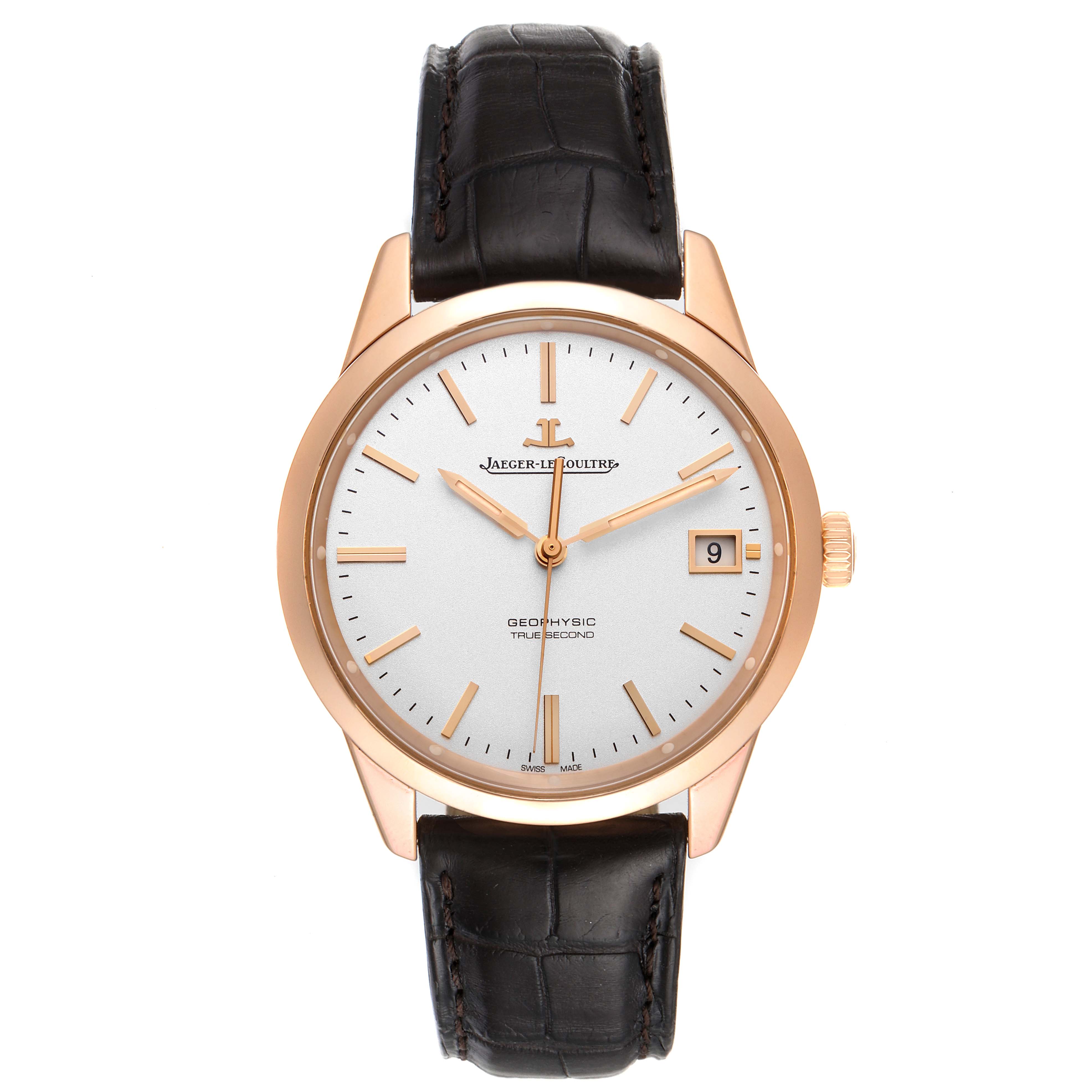 The image shows a front view of the Jaeger LeCoultre Geophysic Q8012520 Men's Rose Gold Silver Dial Q8012520 Men's Rose Gold Silver Dial watch, highlighting its face, hands, date window, and leather strap.