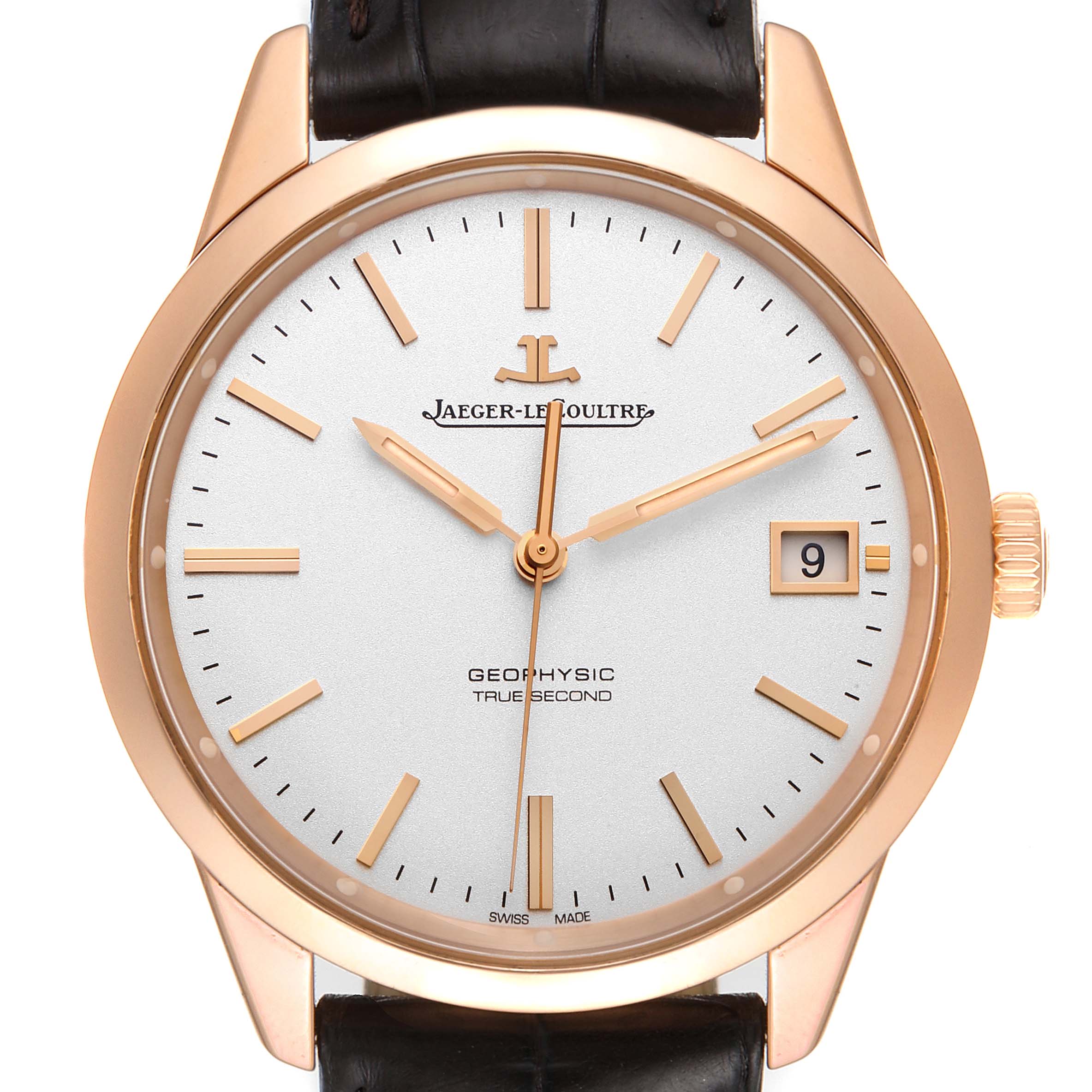 The image shows a frontal view of the Jaeger-LeCoultre Geophysic watch, highlighting its dial, hands, crown, and leather strap.