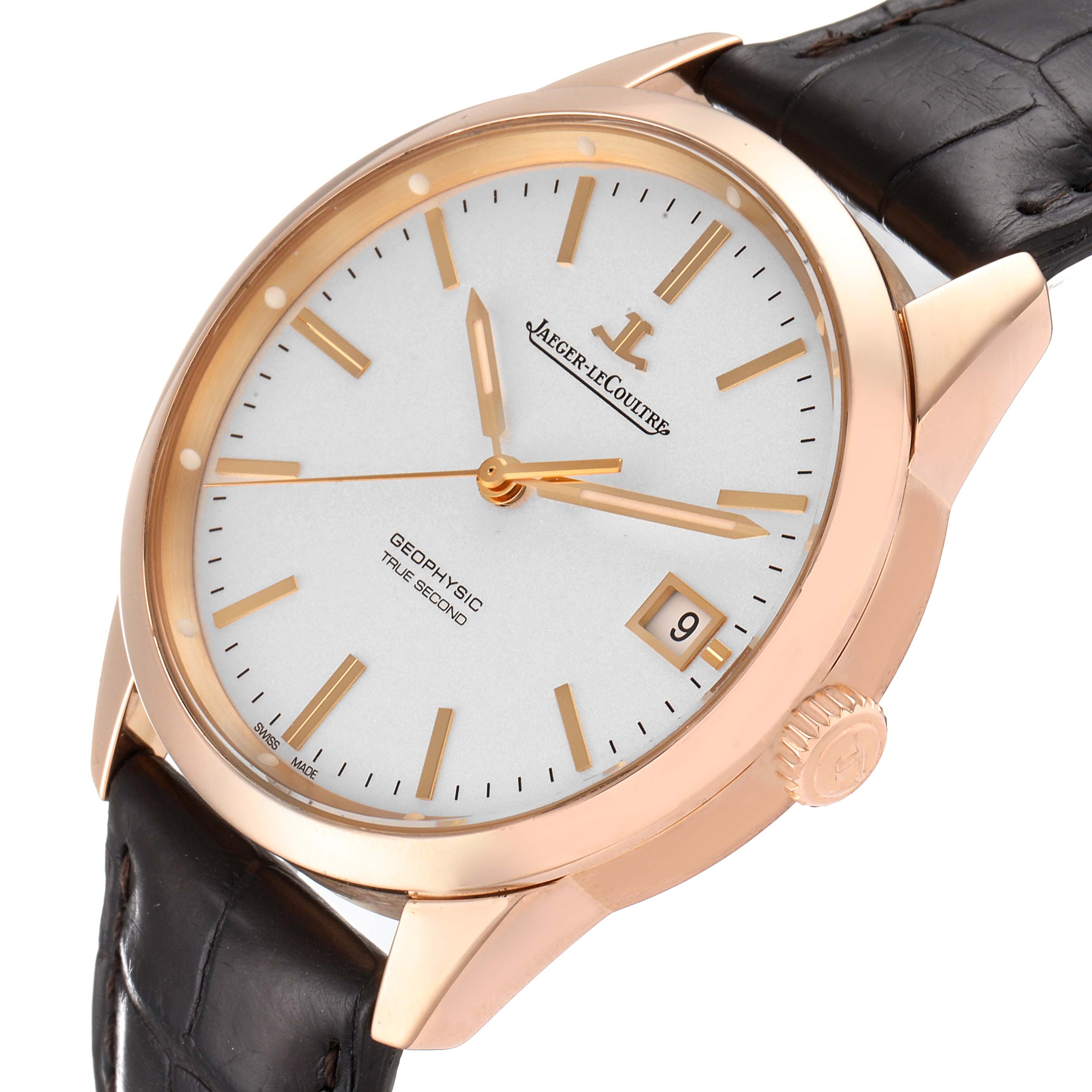 This image shows a Jaeger-LeCoultre Geophysic watch at a slight angle, highlighting its face, hands, crown, and leather strap.