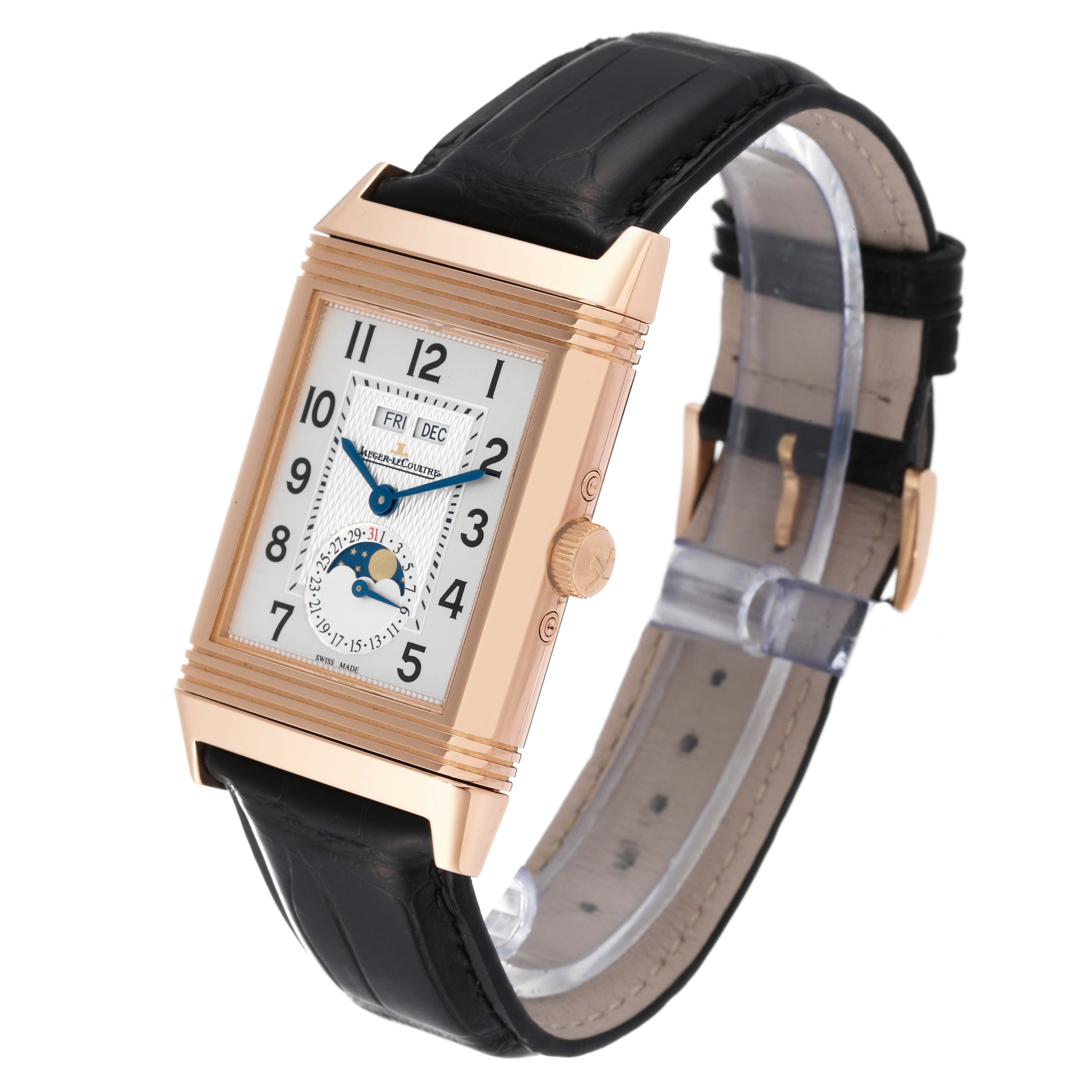 The image shows a Jaeger LeCoultre Reverso Q3752520 Men's Rose Gold Silver Dial Q3752520 Men's Rose Gold Silver Dial watch at a three-quarter angle, highlighting its face, crown, and leather strap.