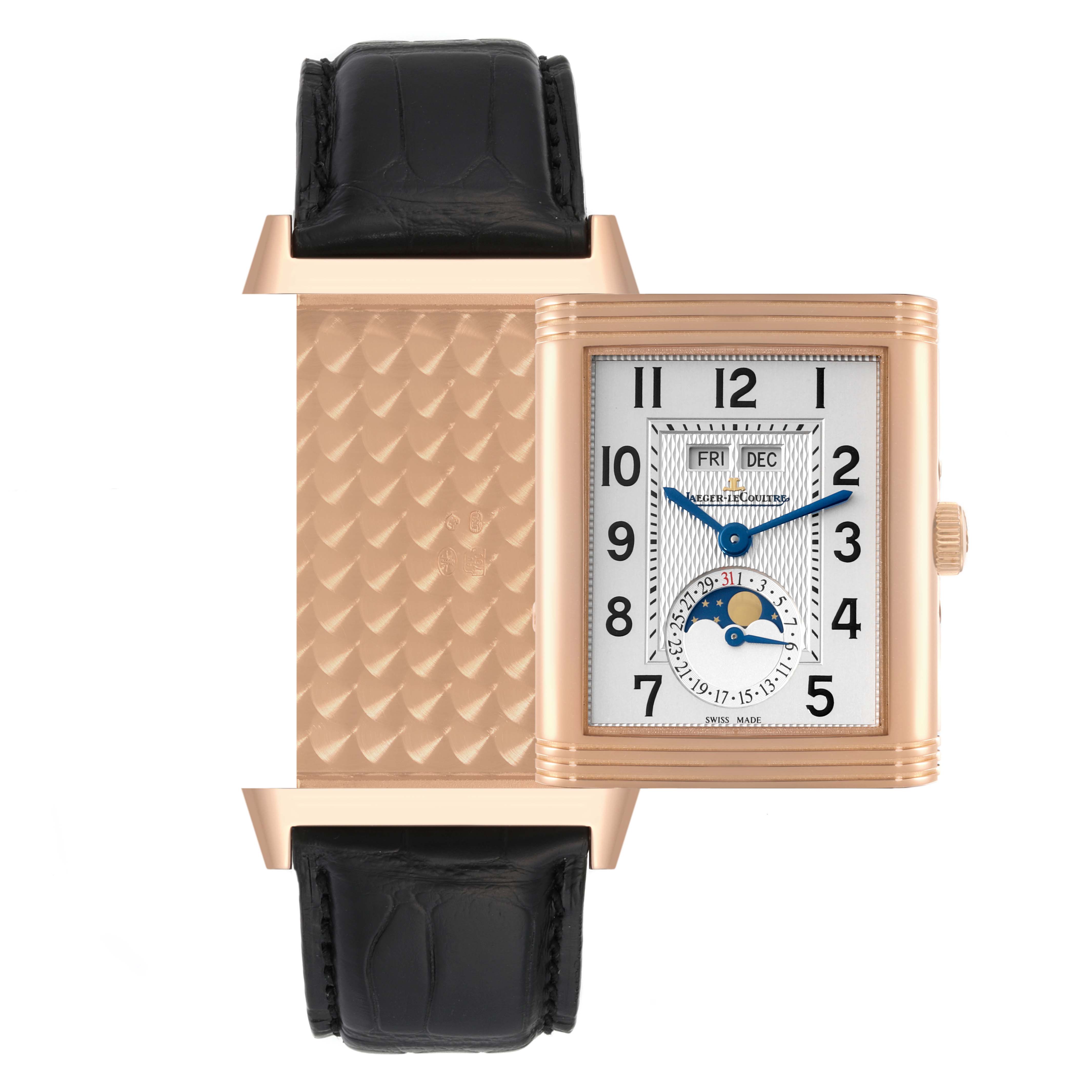 The image shows a Jaeger-LeCoultre Reverso watch, front view, with its rectangular case partially open, revealing the detailed inner case and leather strap.