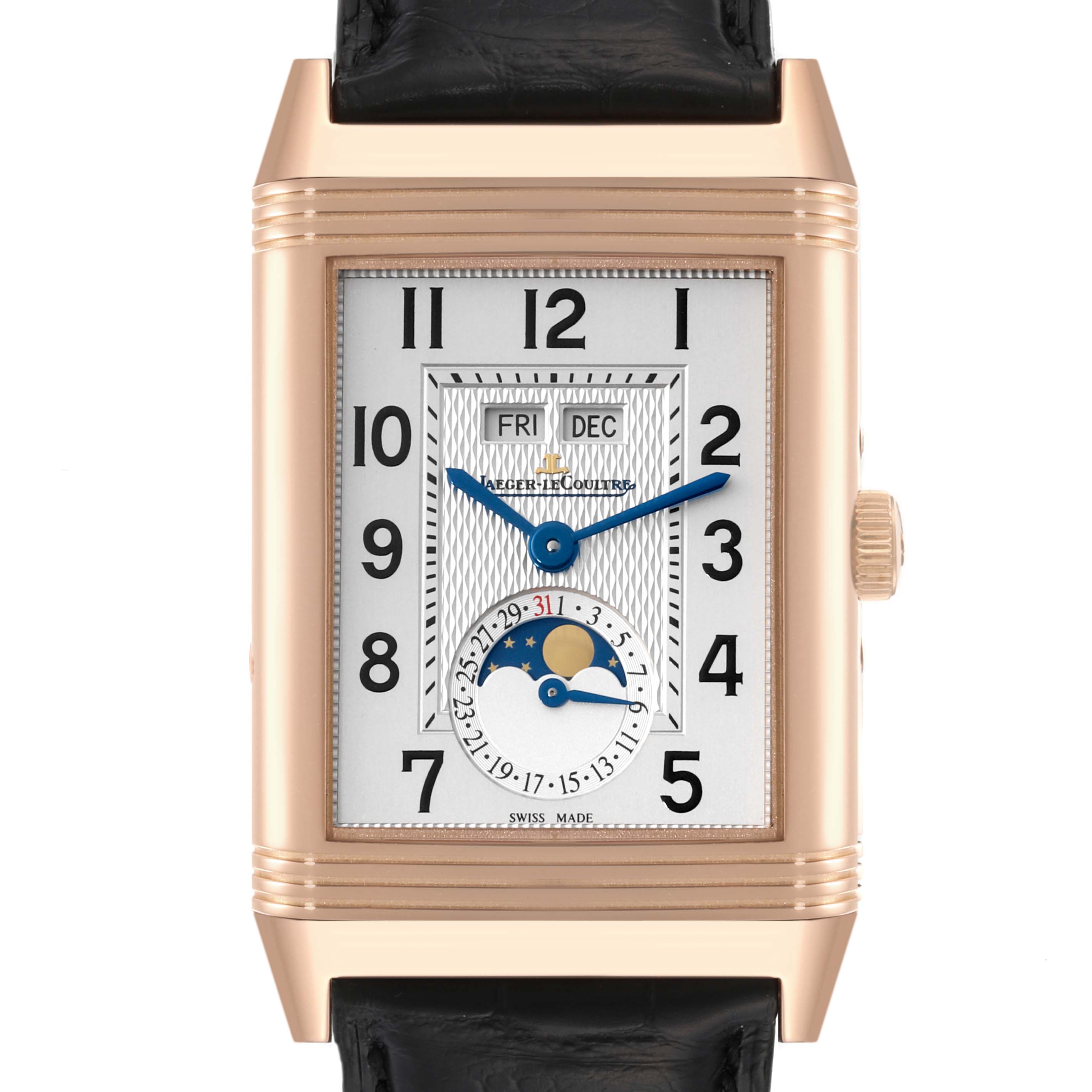 This Jaeger LeCoultre Reverso Q3752520 Men's Rose Gold Silver Dial Q3752520 Men's Rose Gold Silver Dial watch is shown from a straight-on angle, displaying the face, subdials, moon phase, and calendar indicators.