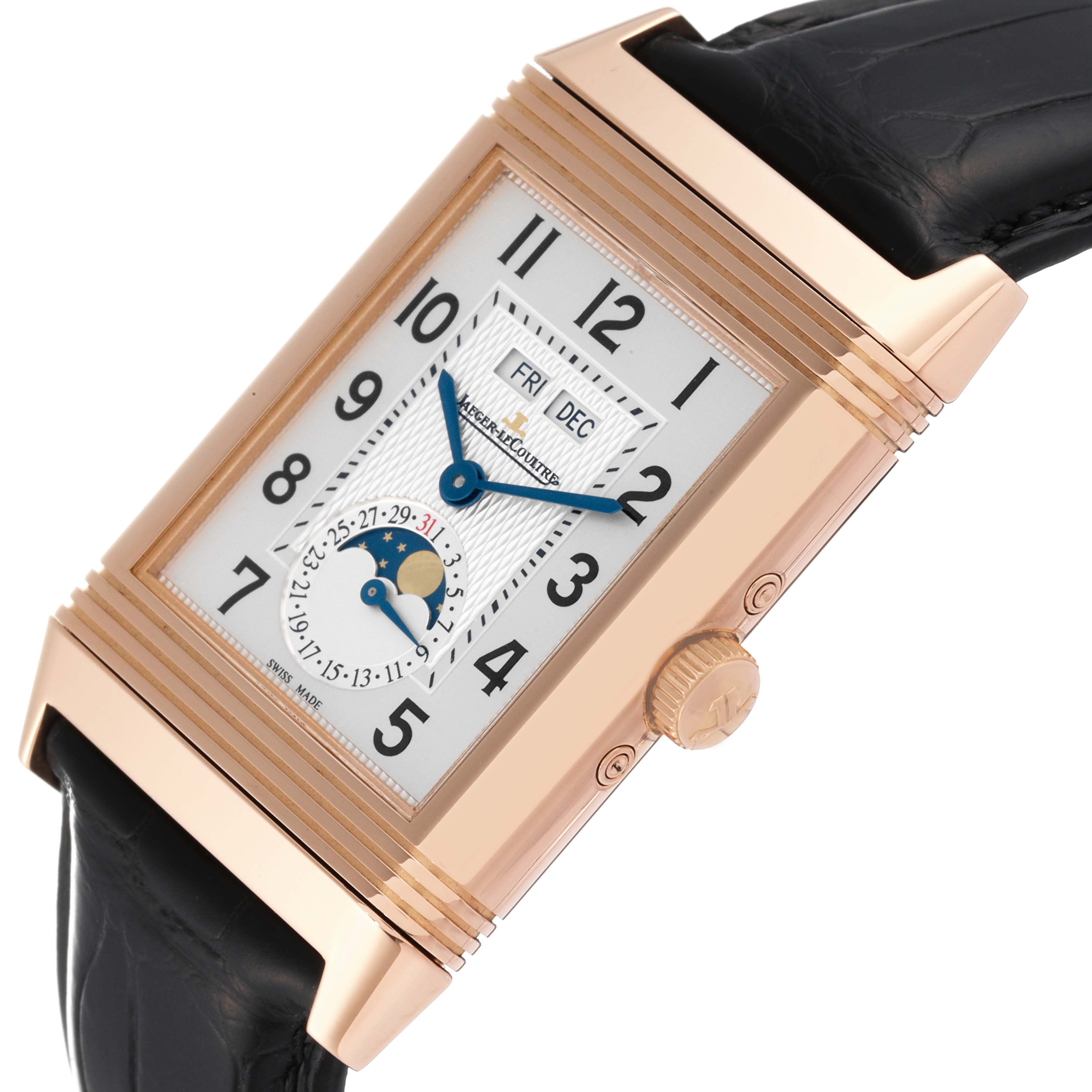 The image shows a front angle of a Jaeger-LeCoultre Reverso watch, highlighting the dial, crown, and part of the black leather strap.