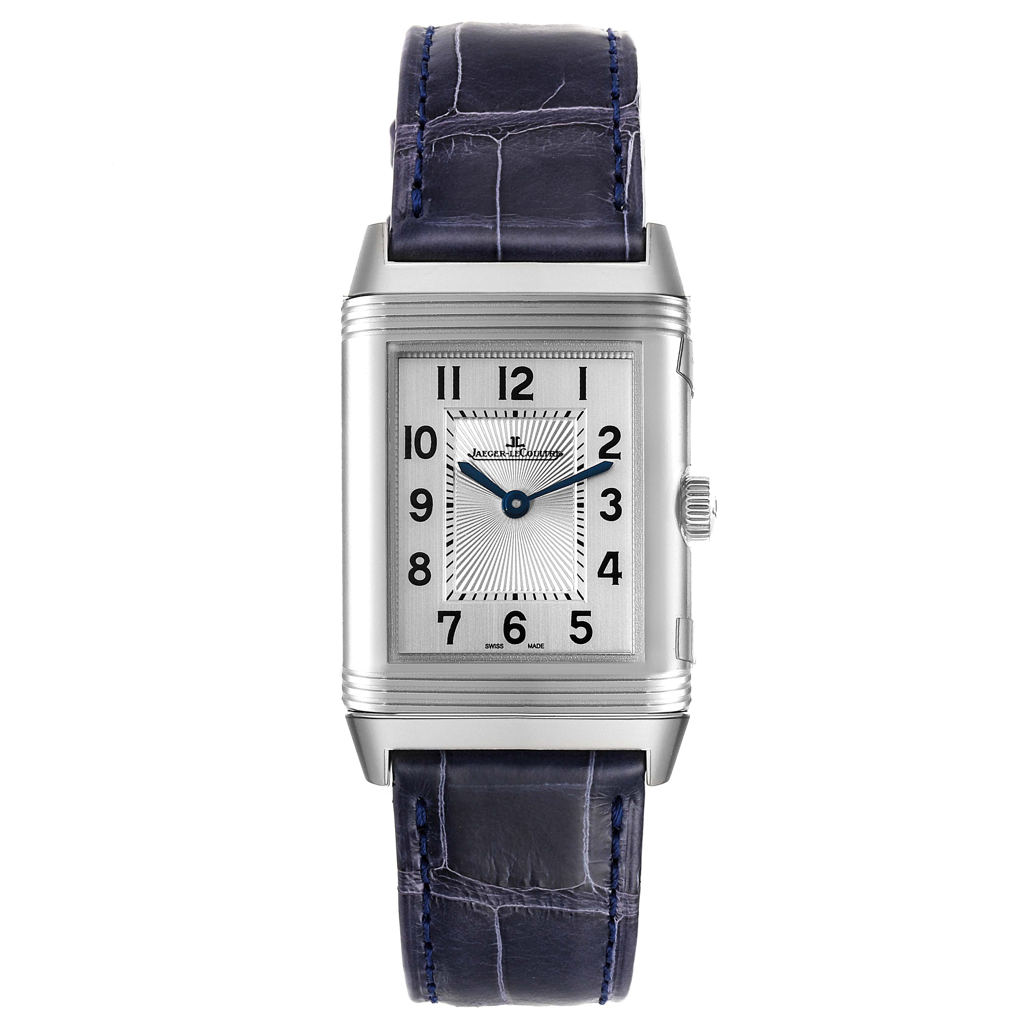 The image shows a front view of a Jaeger LeCoultre Reverso Q2588422 Men's Stainless Steel Silver Dial Q2588422 Men's Stainless Steel Silver Dial watch, displaying its dial, case, crown, and leather strap.