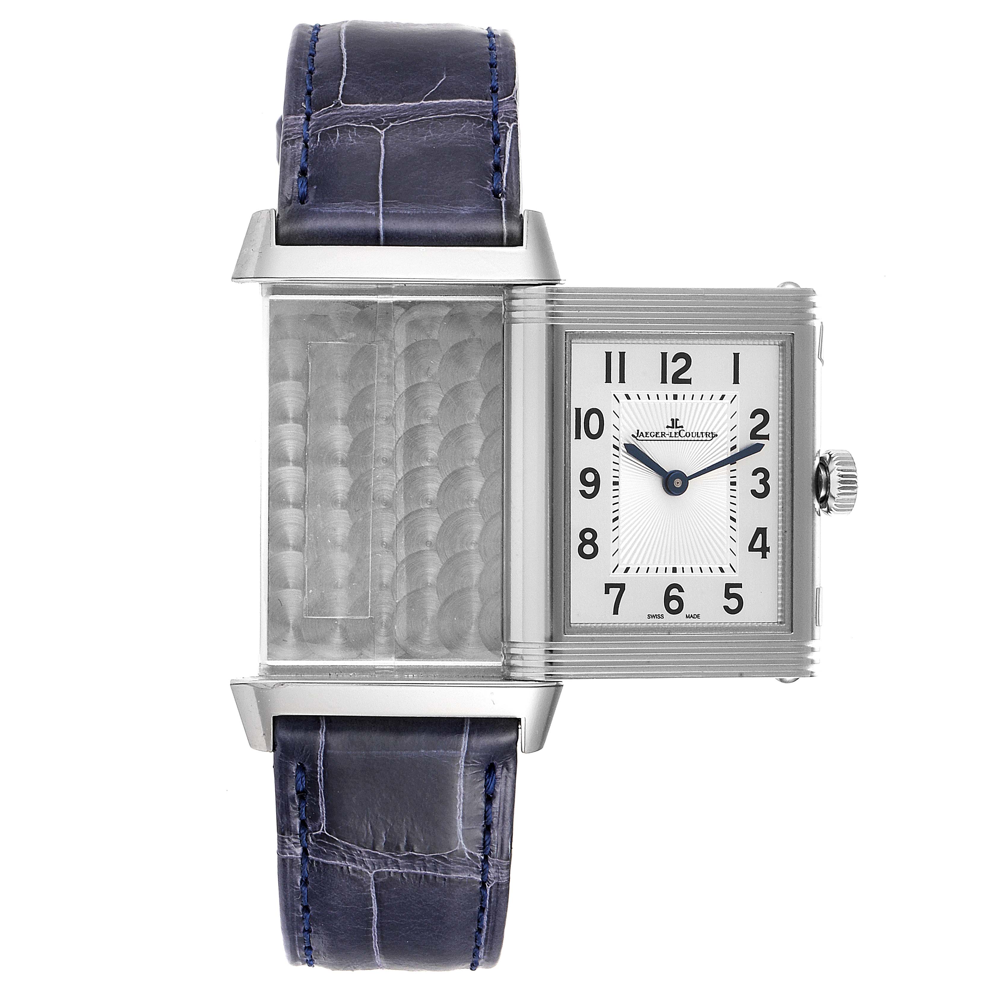 This image shows a Jaeger LeCoultre Reverso Q2588422 Men's Stainless Steel Silver Dial Q2588422 Men's Stainless Steel Silver Dial watch with its reversible face partially slid to the side, revealing the inner case.