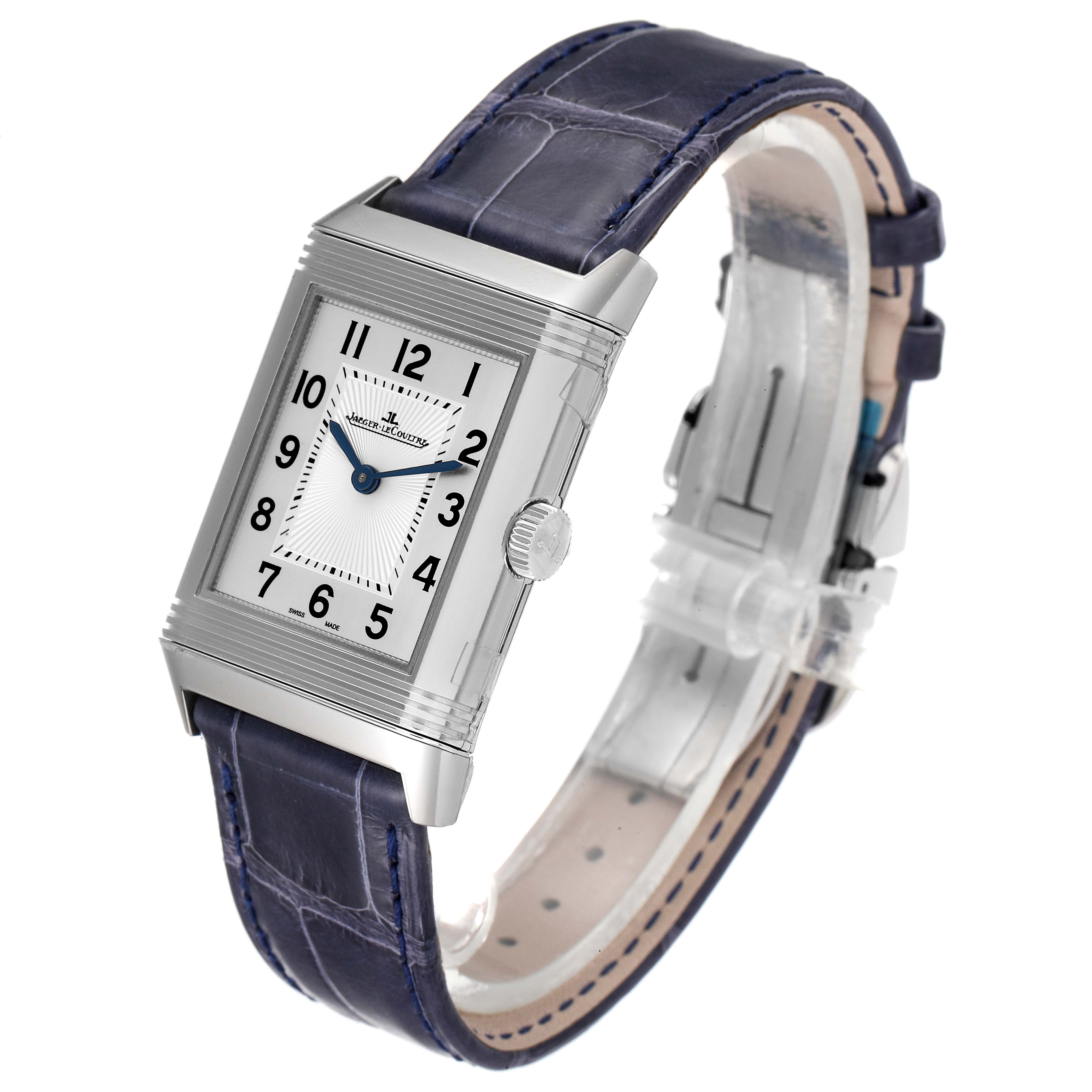 This Jaeger LeCoultre Reverso Q2588422 Men's Stainless Steel Silver Dial Q2588422 Men's Stainless Steel Silver Dial model watch is shown from a front angle, featuring its rectangular case, crown, and leather strap.