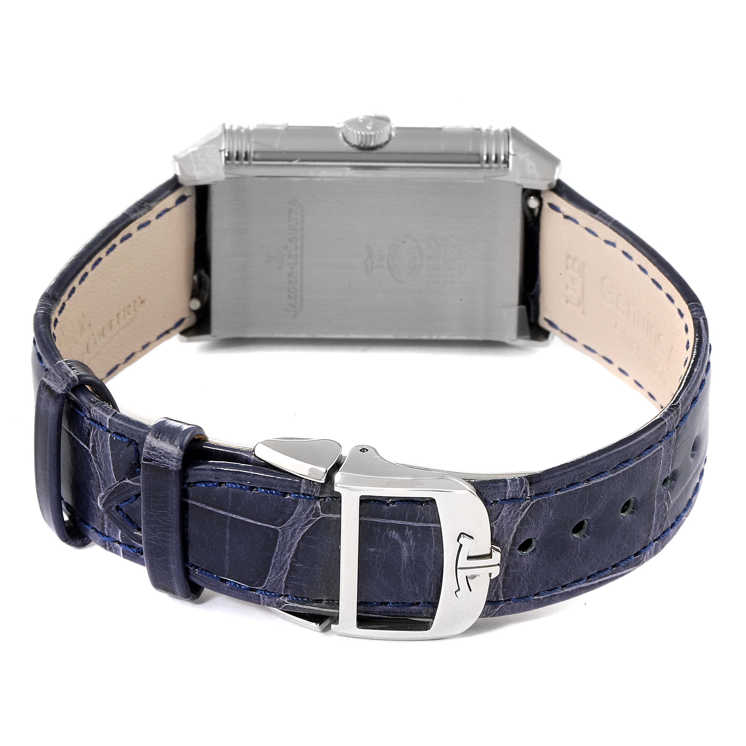 The image shows the back and strap of a Jaeger LeCoultre Reverso Q2588422 Men's Stainless Steel Silver Dial Q2588422 Men's Stainless Steel Silver Dial watch, highlighting its stainless steel case and buckle.