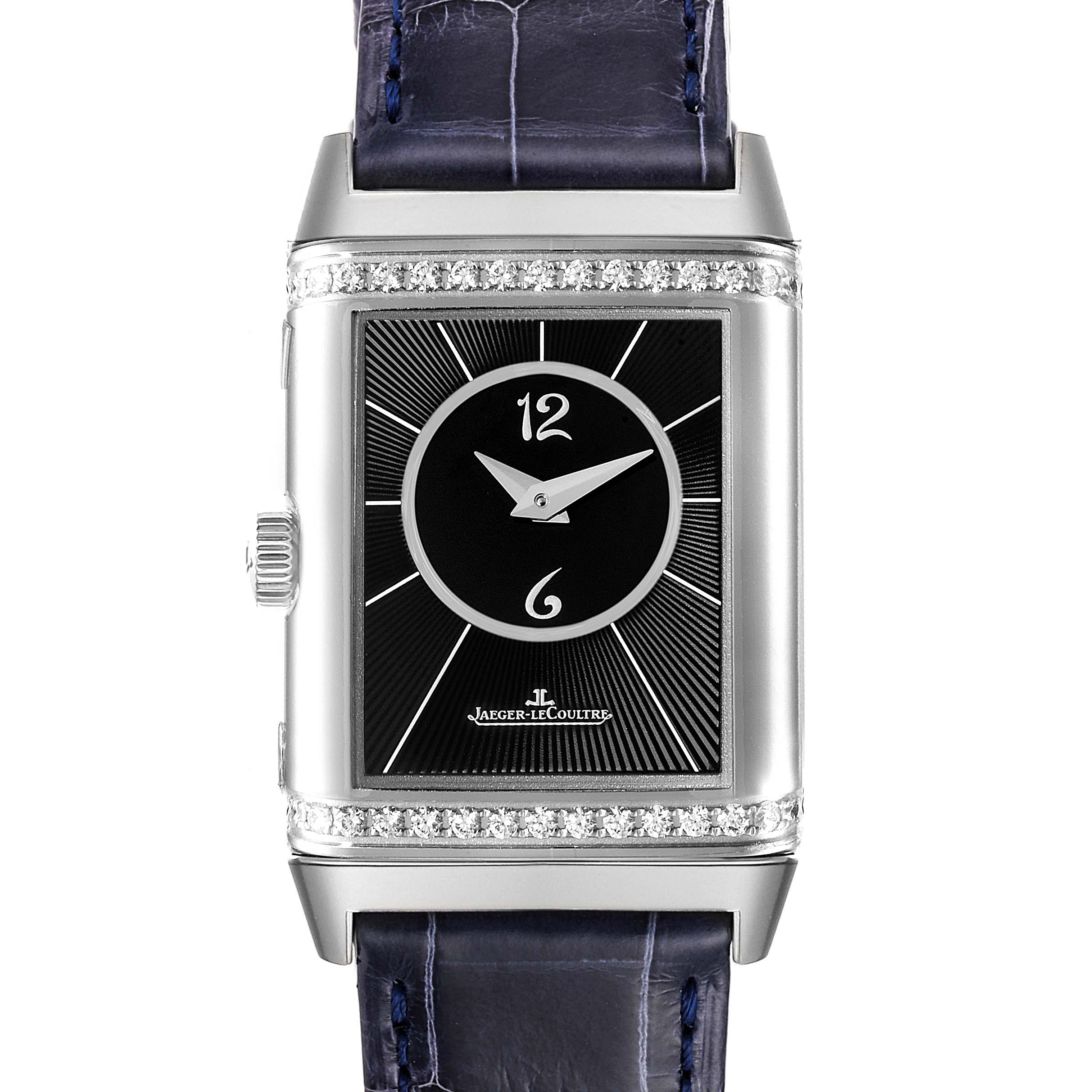This image shows a frontal view of the Jaeger-LeCoultre Reverso watch, featuring its rectangular dial and leather strap.
