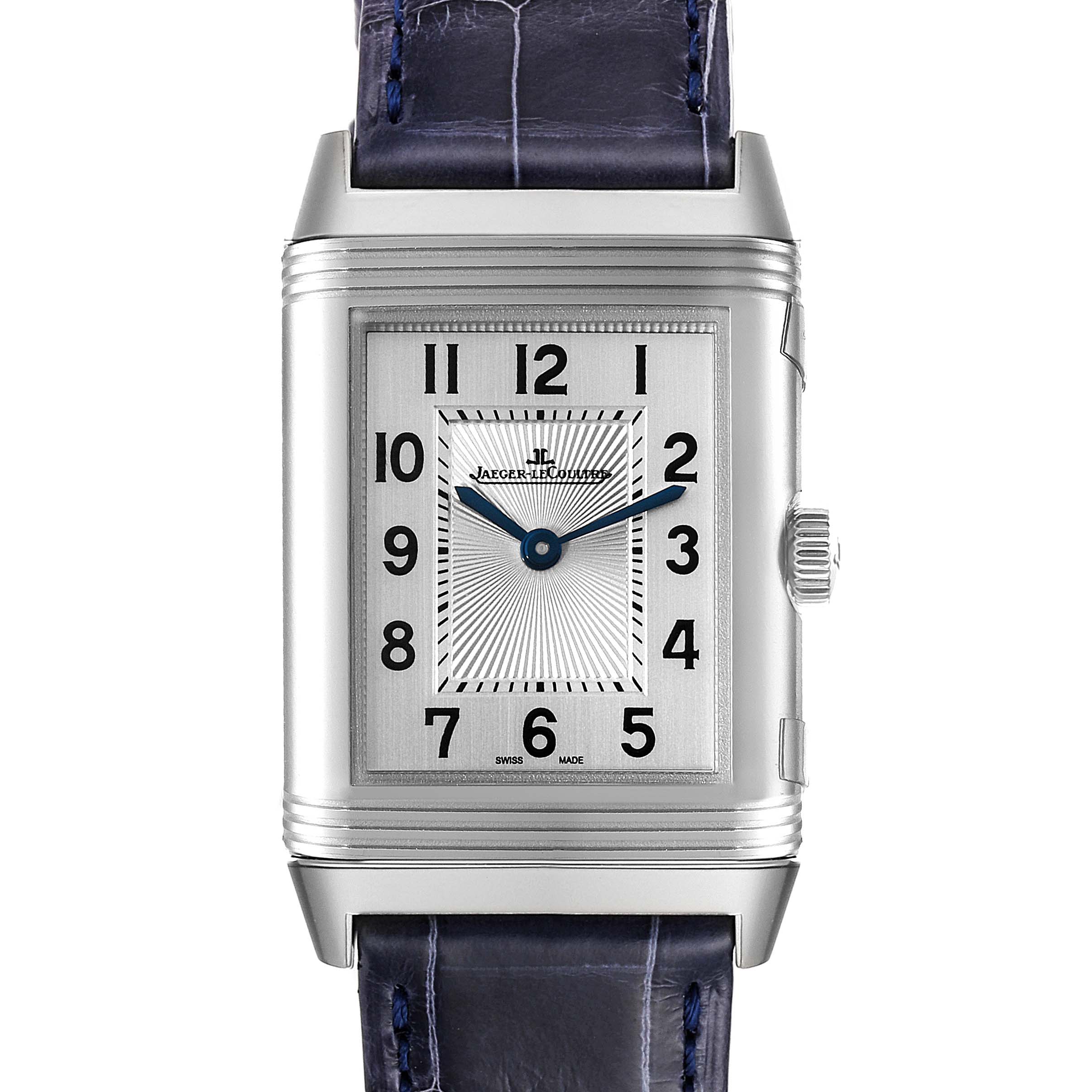 The image shows a front view of a Jaeger LeCoultre Reverso Q2588422 Men's Stainless Steel Silver Dial Q2588422 Men's Stainless Steel Silver Dial watch, highlighting its rectangular face, dial, and crown, along with a leather strap.