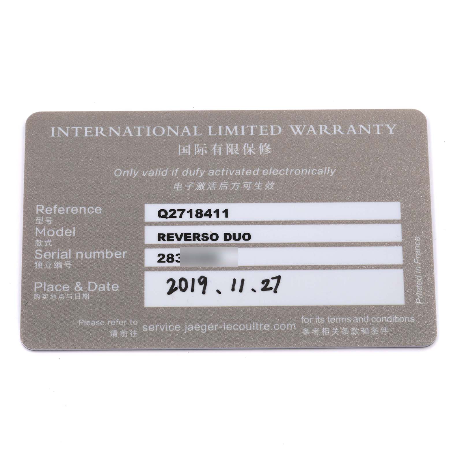 The image shows an International Limited Warranty card for a Jaeger-LeCoultre Reverso Duo watch.