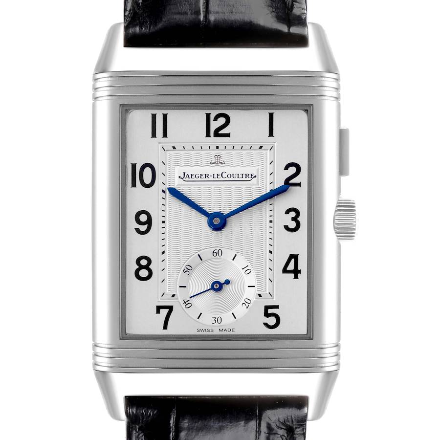 The Jaeger-LeCoultre Reverso model is shown from the front, highlighting its rectangular face, blue hands, and black leather strap.