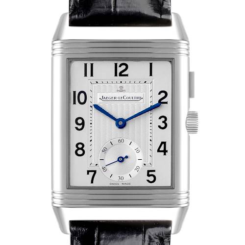 The Jaeger-LeCoultre Reverso model is shown from the front, displaying the face, crown, and part of the strap.