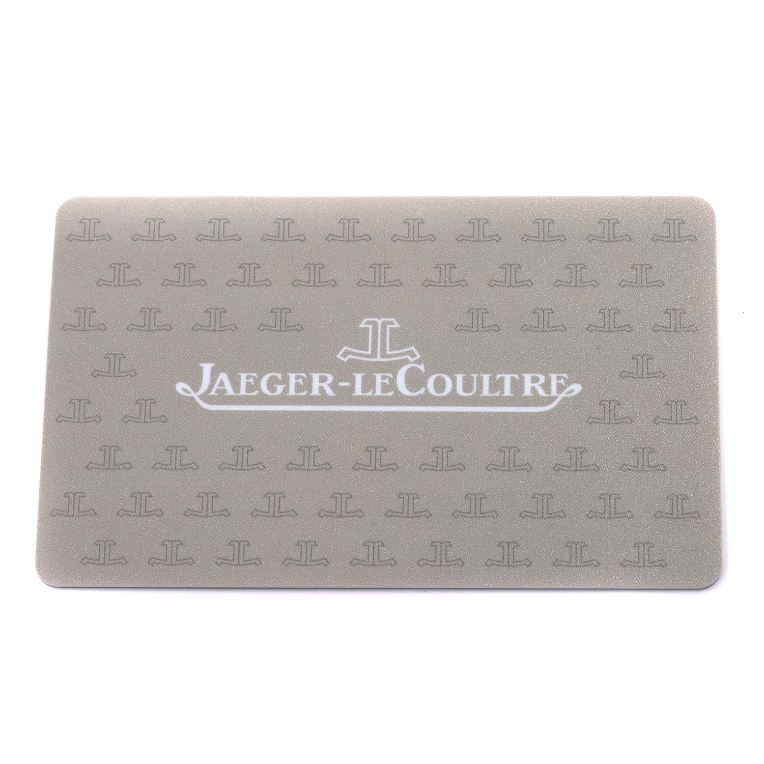 This image shows a branded card with the Jaeger-LeCoultre logo, but no watch or parts of the Reverso model are visible.