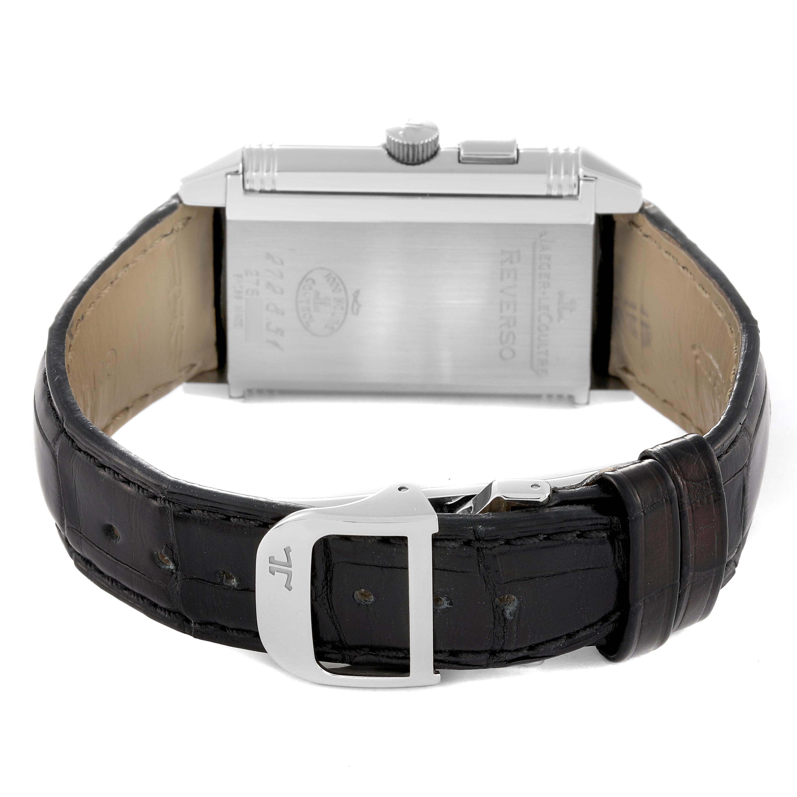 This image shows the back of a Jaeger LeCoultre Reverso Q2718410 Men
s Stainless Steel Silver Dial Q2718410 Men
s Stainless Steel Silver Dial watch with a focus on the leather strap and metal clasp.
