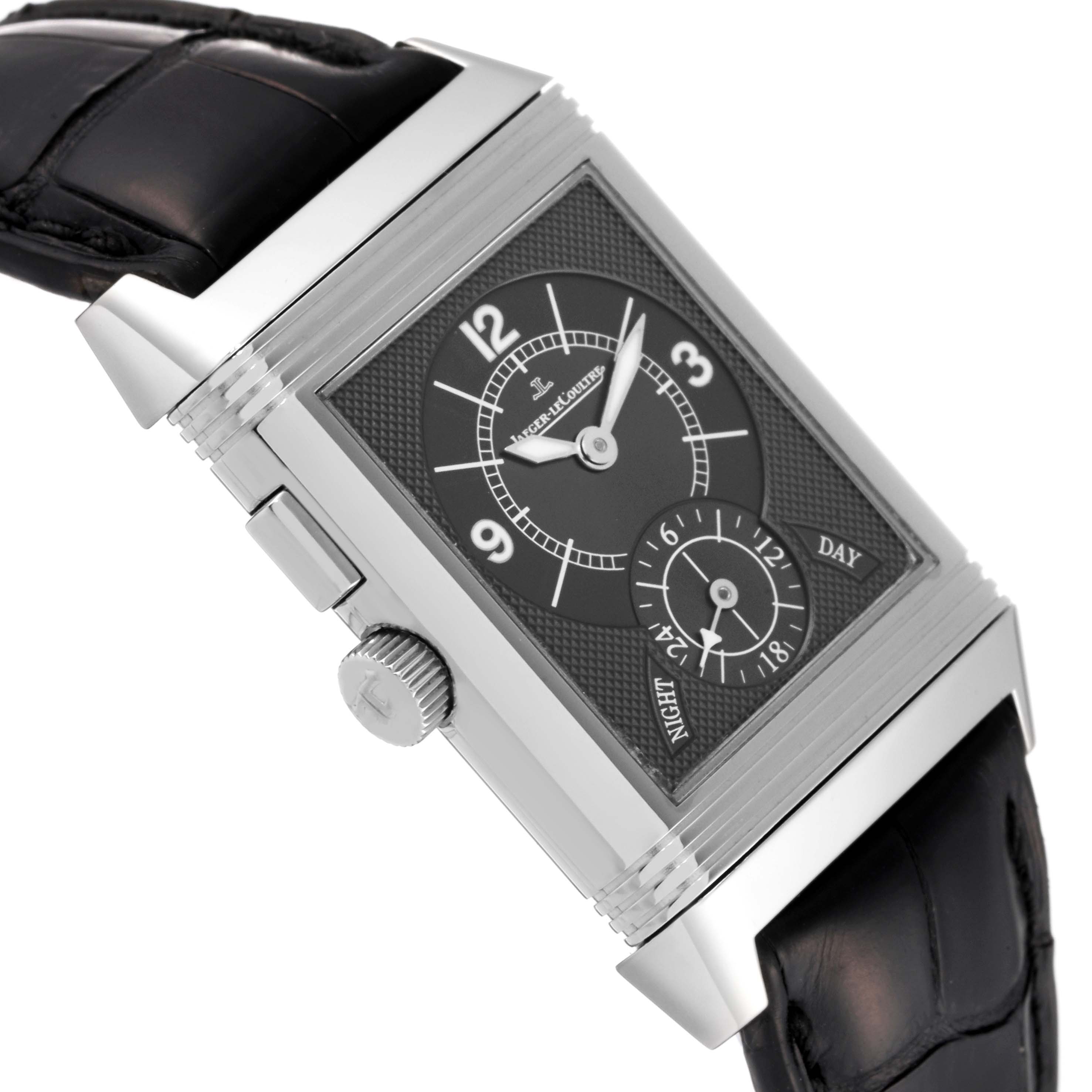 The image shows a Jaeger-LeCoultre Reverso watch from a side angle, highlighting the face, crown, and part of the leather strap.
