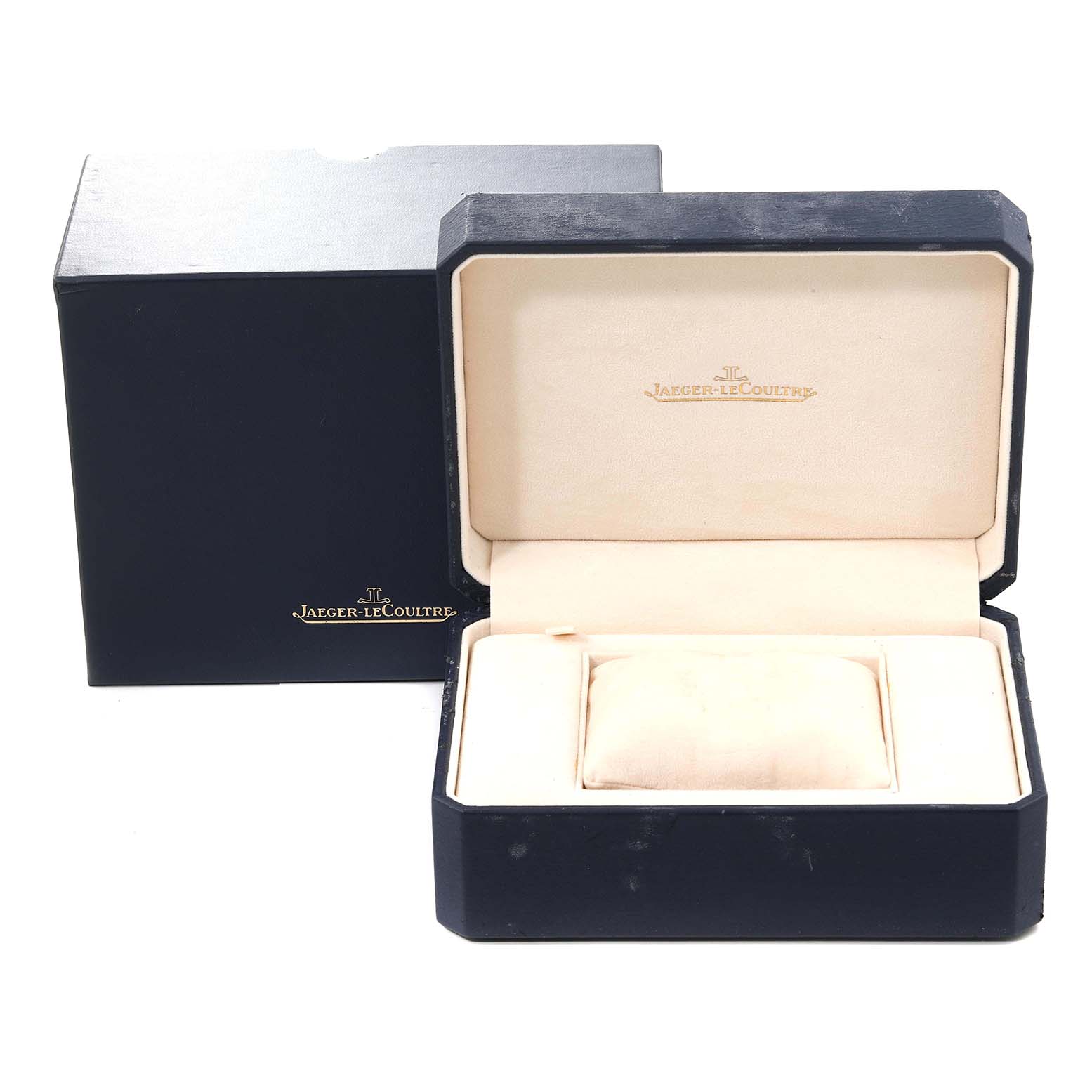 The image shows an open and empty Jaeger LeCoultre Reverso Q2718410 Men
s Stainless Steel Silver Dial Q2718410 Men
s Stainless Steel Silver Dial watch box, along with the outer black packaging box.