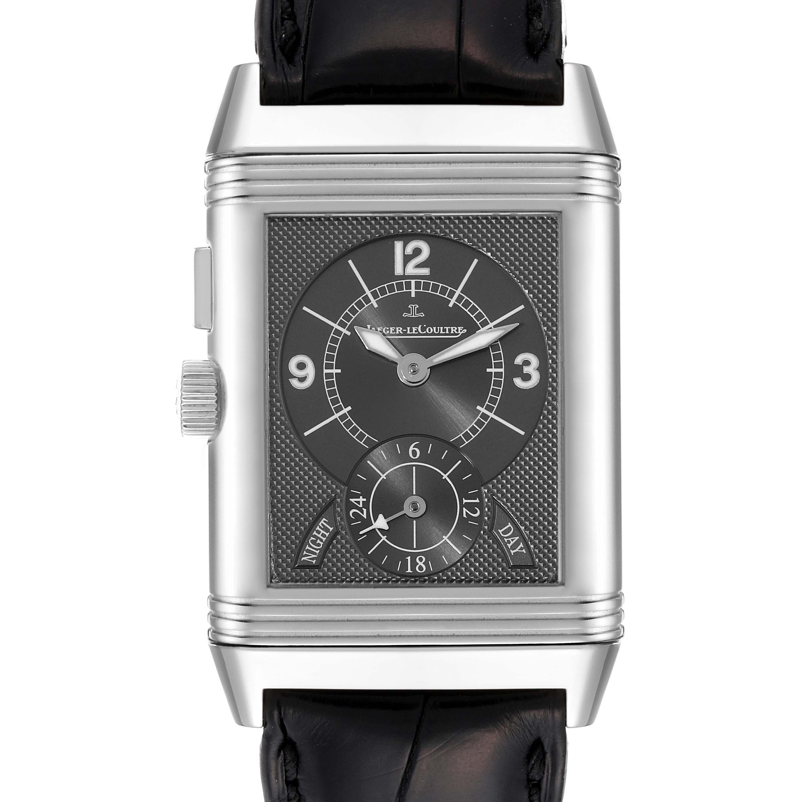 This image shows a close-up front view of the Jaeger LeCoultre Reverso Q2718410 Men
s Stainless Steel Silver Dial Q2718410 Men
s Stainless Steel Silver Dial watch with a black dial and leather strap.