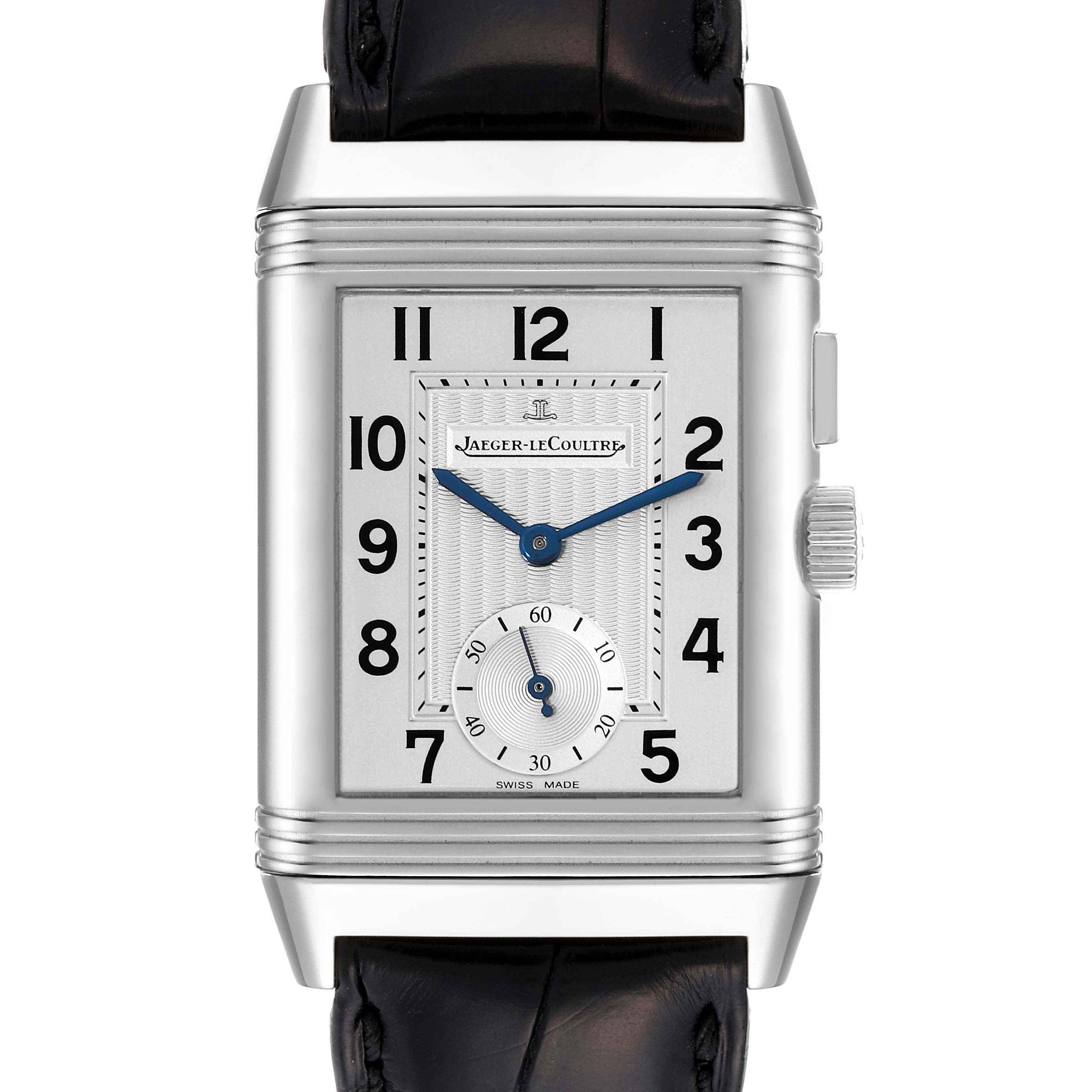 The image shows a front view of a Jaeger LeCoultre Reverso Q2718410 Men
s Stainless Steel Silver Dial Q2718410 Men
s Stainless Steel Silver Dial watch, displaying its face, dial, and the black leather strap.