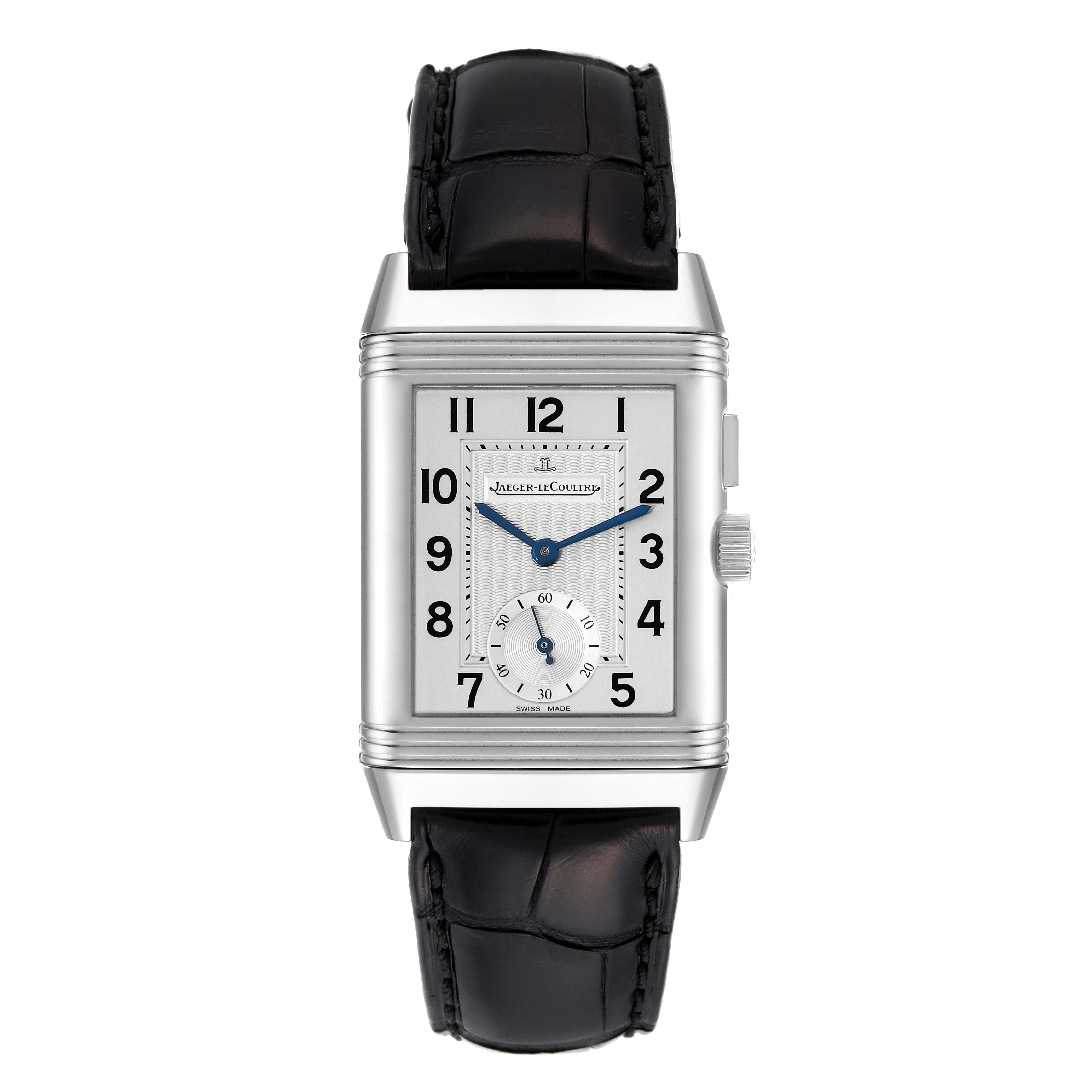 The image shows a frontal view of the Jaeger-LeCoultre Reverso watch including its dial, case, and strap.