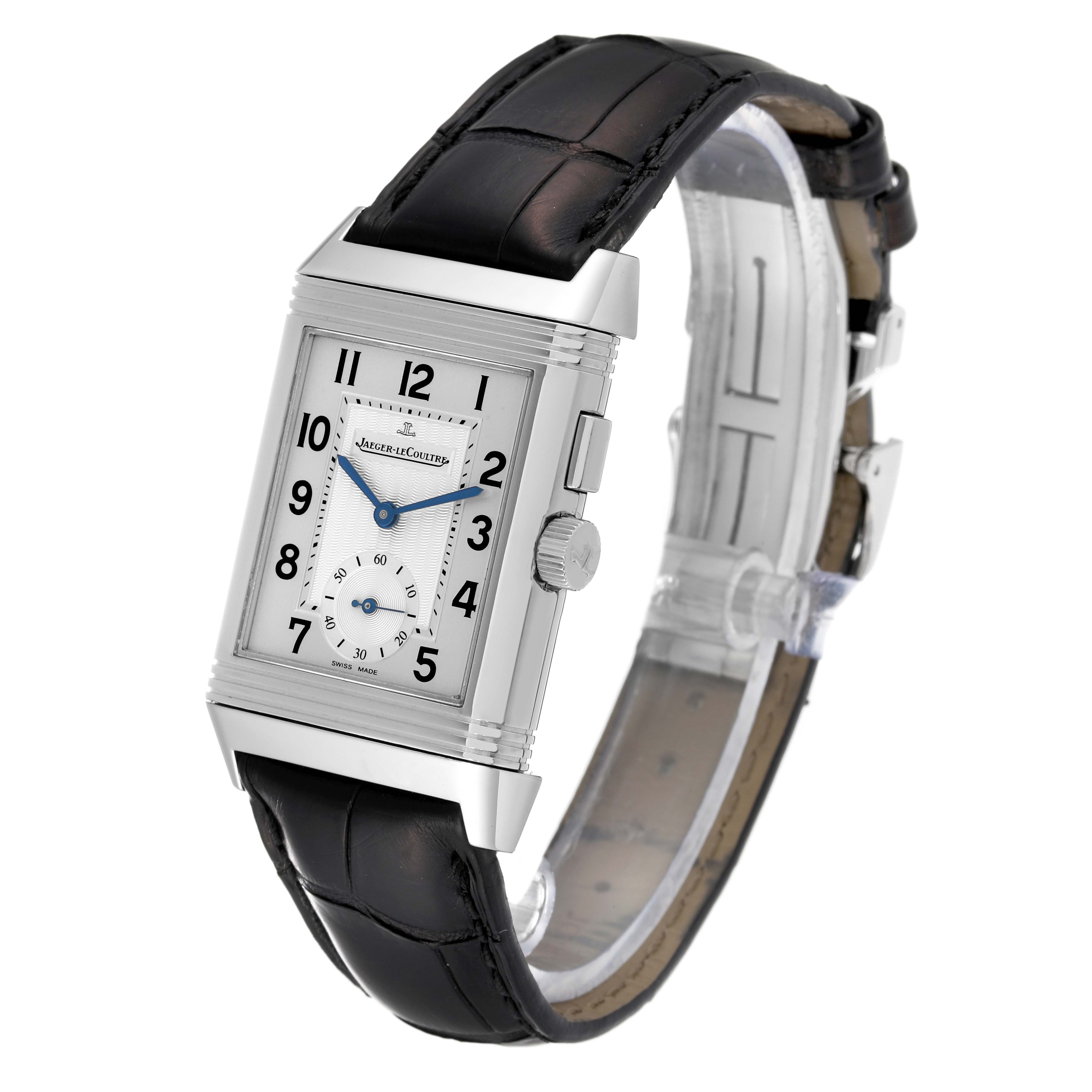 This image shows a Jaeger-LeCoultre Reverso watch at a three-quarter angle, highlighting the dial, case, and leather strap.