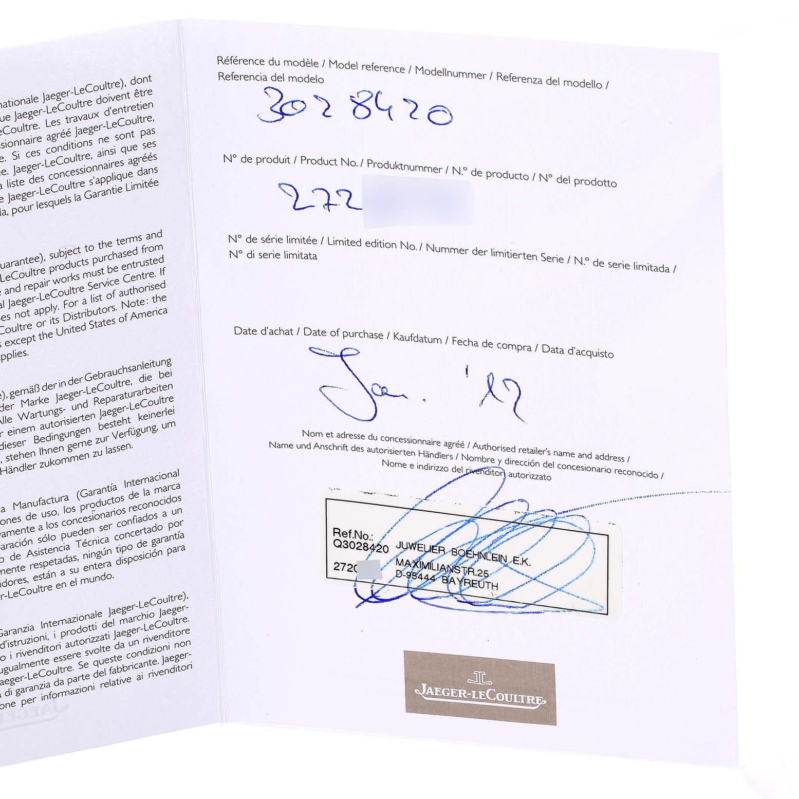 The image shows the warranty and certification document for a Jaeger LeCoultre Reverso Q3028420 Men's Stainless Steel Silver Dial Q3028420 Men's Stainless Steel Silver Dial model watch.