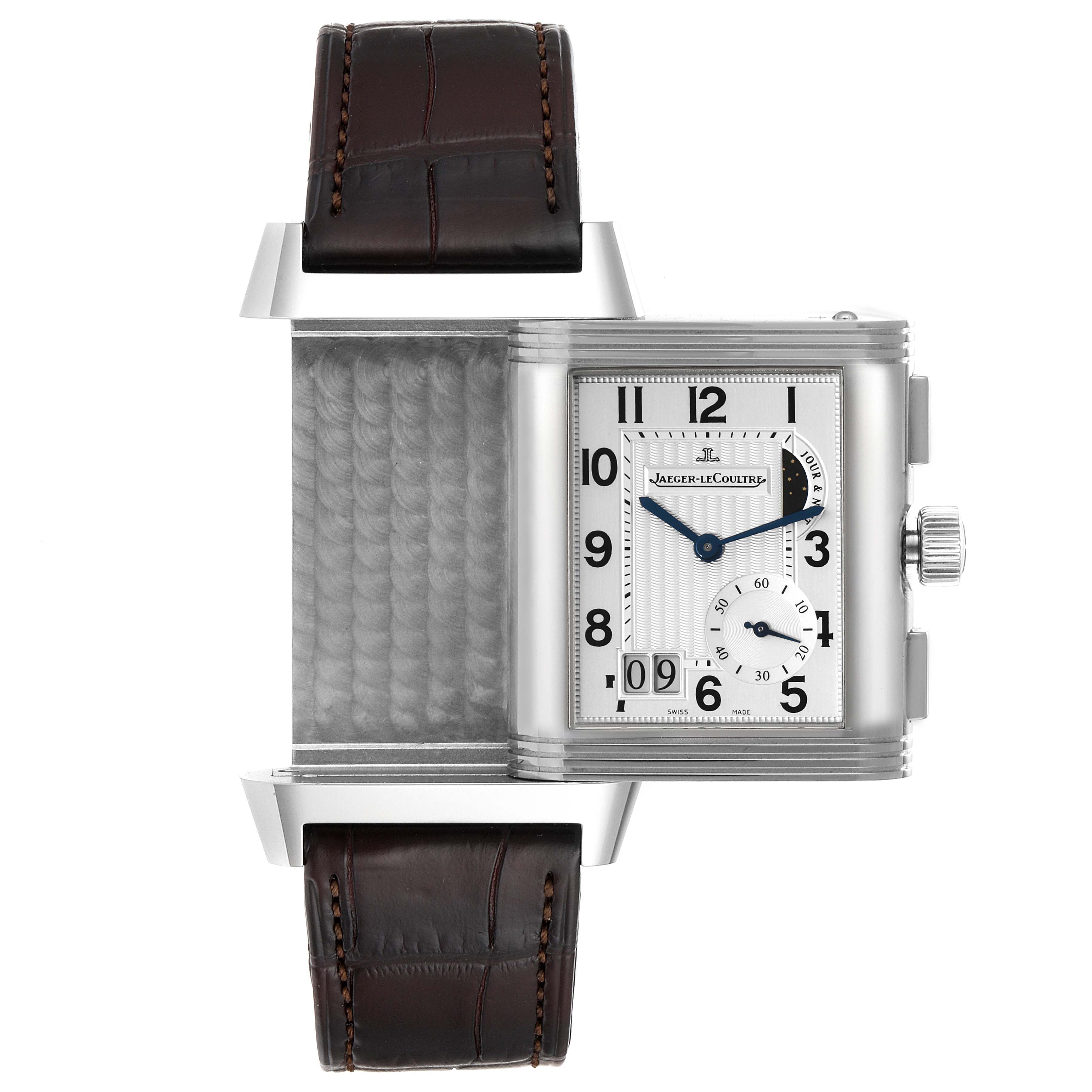 The image shows a front view of the Jaeger LeCoultre Reverso Q3028420 Men's Stainless Steel Silver Dial Q3028420 Men's Stainless Steel Silver Dial watch with its case flipped open to reveal the interior.