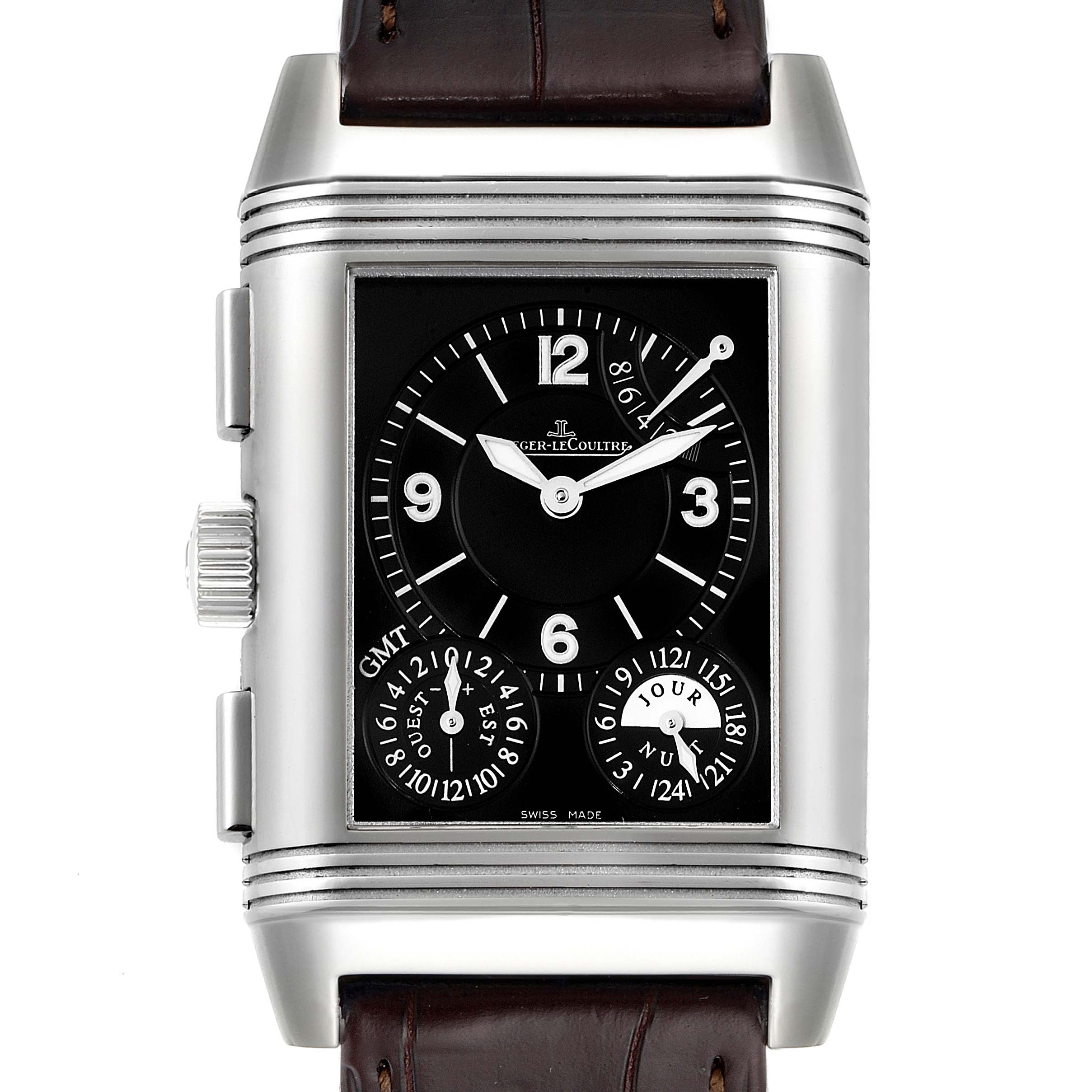 This image shows the front of the Jaeger-LeCoultre Reverso watch, highlighting its black dial, numerals, and dual-time subdials.