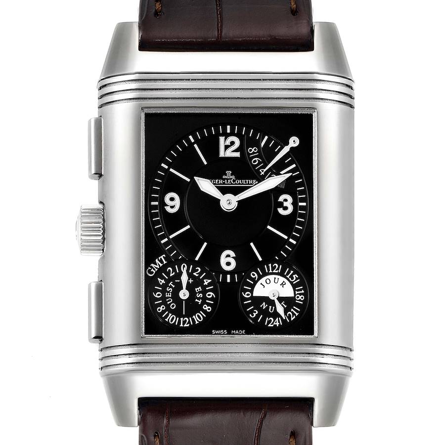 This image shows the front of the Jaeger-LeCoultre Reverso watch, highlighting its black dial, numerals, and dual-time subdials.