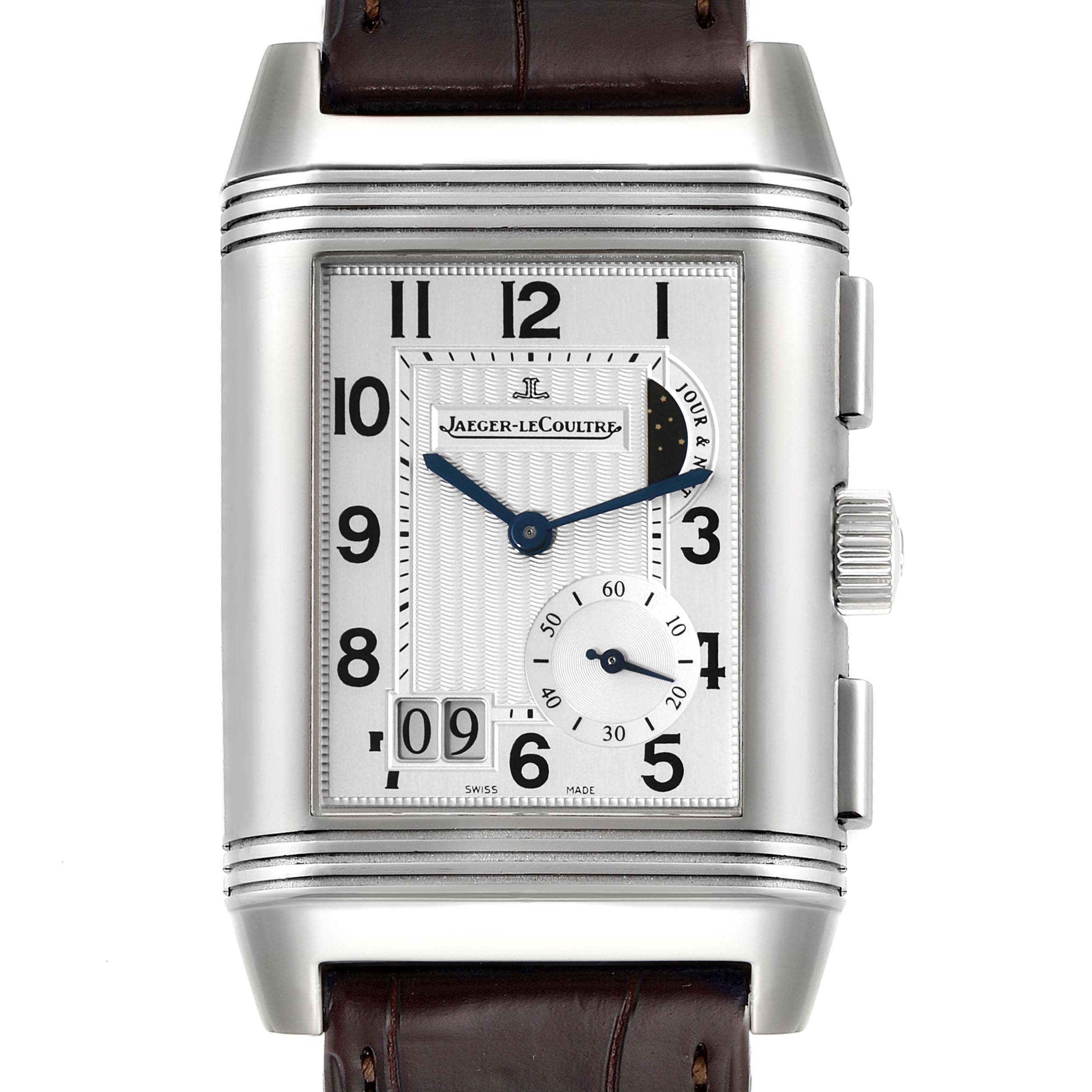 The image shows a Jaeger LeCoultre Reverso Q3028420 Men's Stainless Steel Silver Dial Q3028420 Men's Stainless Steel Silver Dial watch from a front angle, highlighting its dial, crown, and strap.
