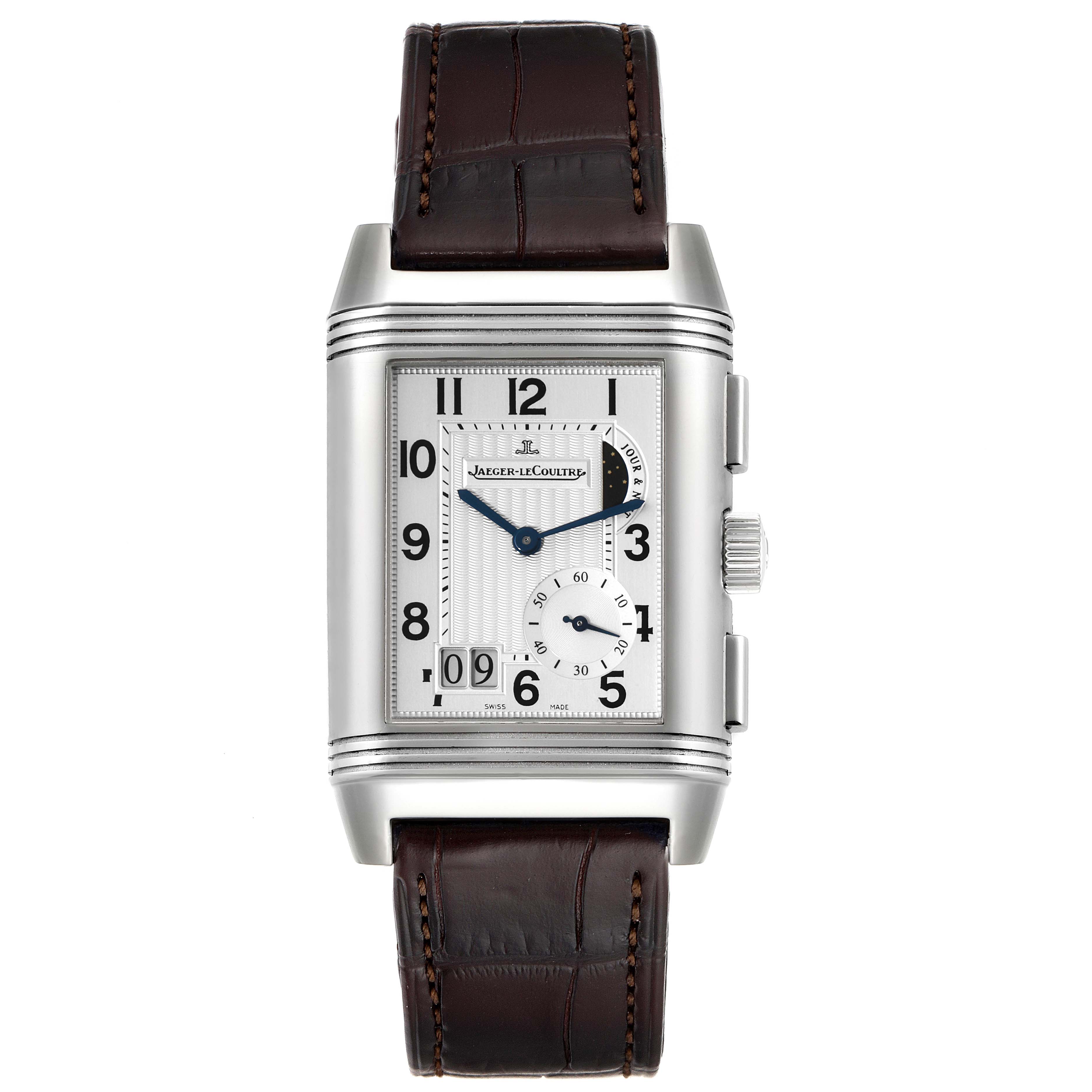 The image displays a front view of a Jaeger LeCoultre Reverso Q3028420 Men's Stainless Steel Silver Dial Q3028420 Men's Stainless Steel Silver Dial watch, showing the time, sub-dial, and leather strap.