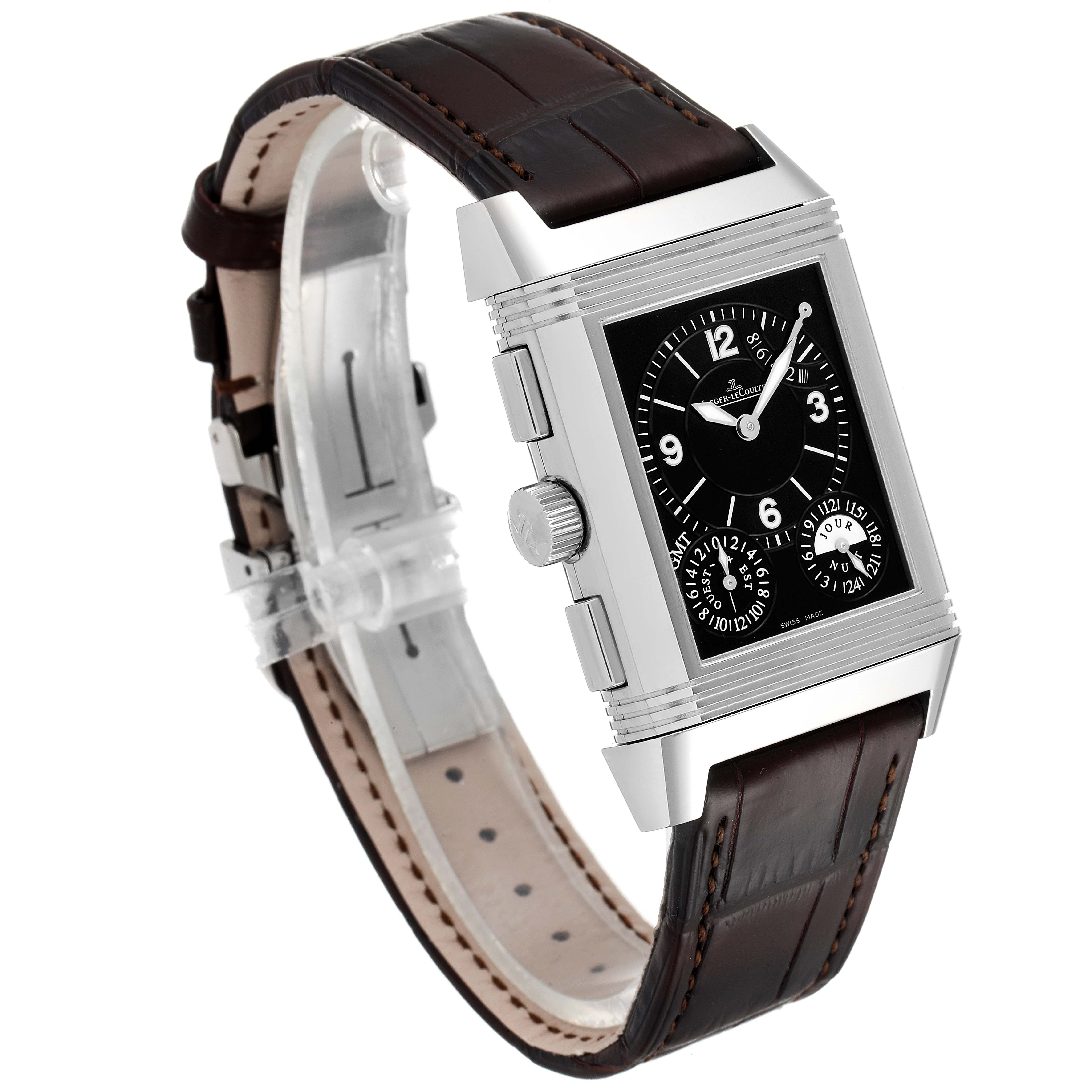 The image shows a front-angle view of the Jaeger-LeCoultre Reverso watch with a brown leather strap and a black dial.