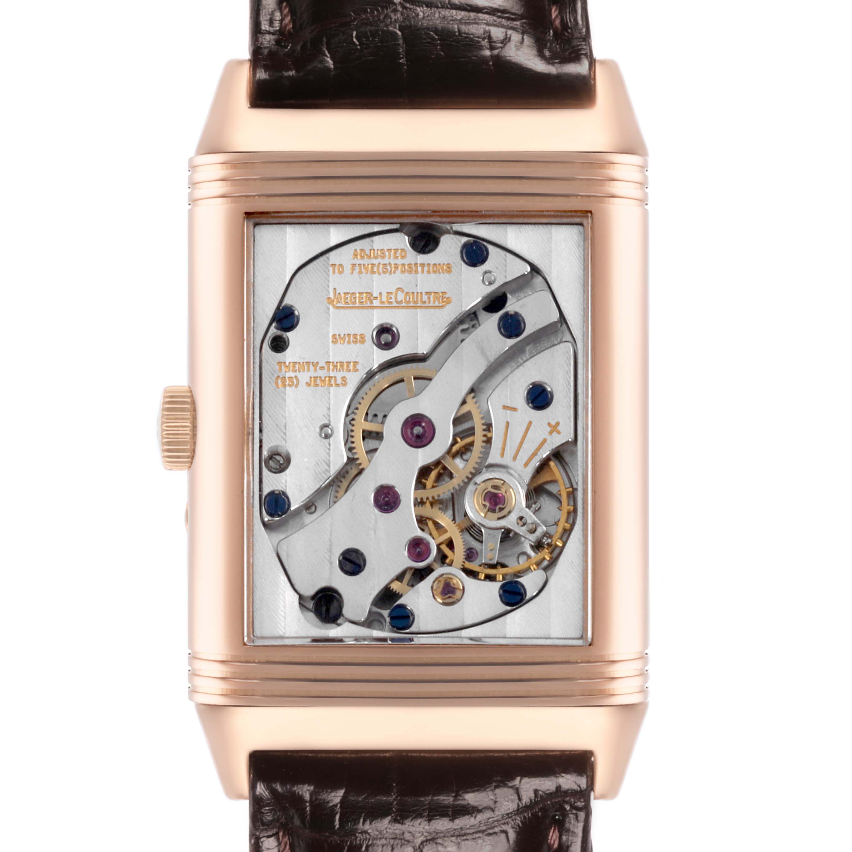 The image shows the back view of a Jaeger LeCoultre Reverso 270.2.63 Q2752420 Men's Rose Gold Silver Dial 270.2.63 Q2752420 Men's Rose Gold Silver Dial, highlighting its mechanism and movement details.
