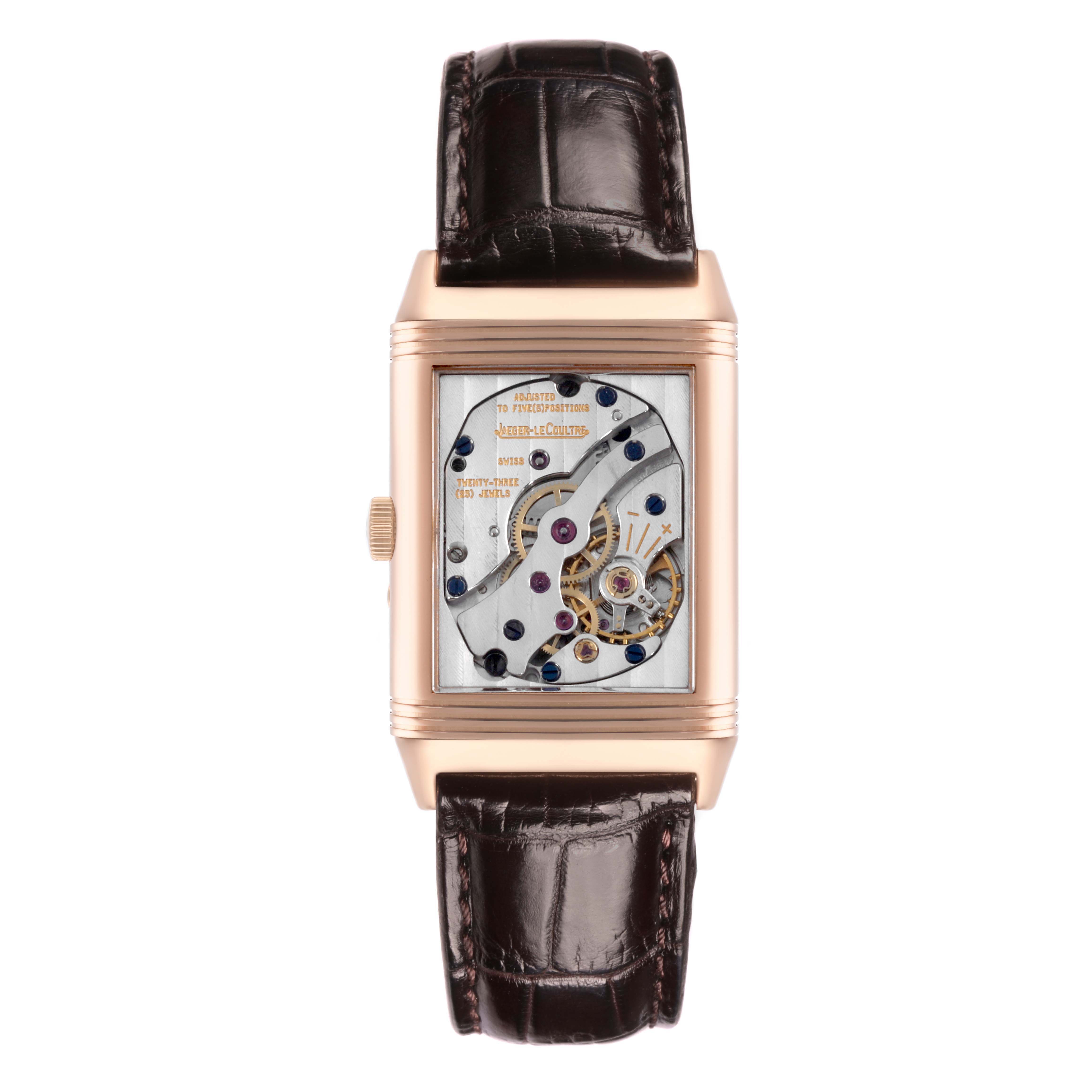 The image shows the back view of a Jaeger LeCoultre Reverso 270.2.63 Q2752420 Men's Rose Gold Silver Dial 270.2.63 Q2752420 Men's Rose Gold Silver Dial watch, highlighting the movement and inner workings.