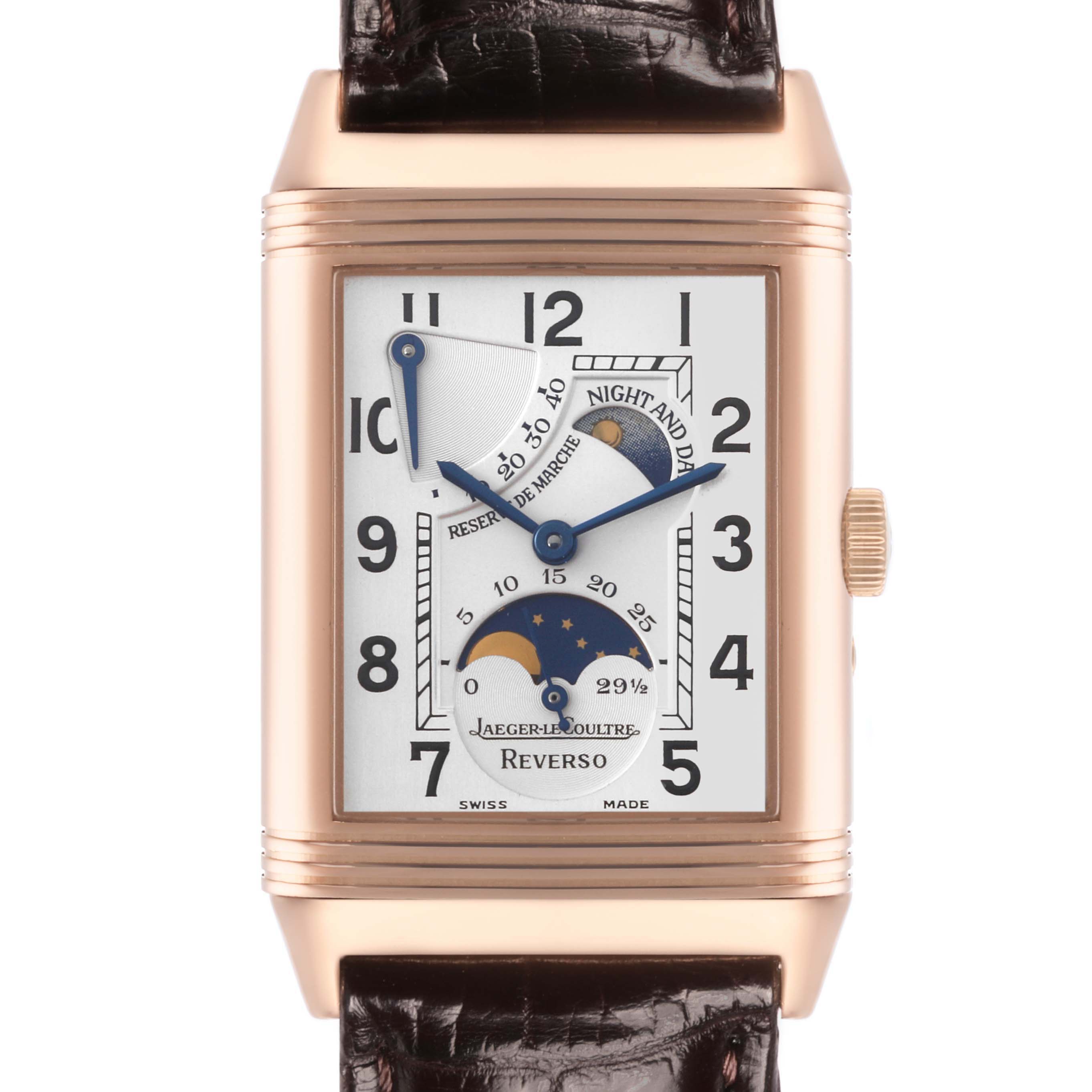 The Jaeger LeCoultre Reverso 270.2.63 Q2752420 Men's Rose Gold Silver Dial 270.2.63 Q2752420 Men's Rose Gold Silver Dial is shown from the front, displaying the dial, hour markers, hands, and complications.