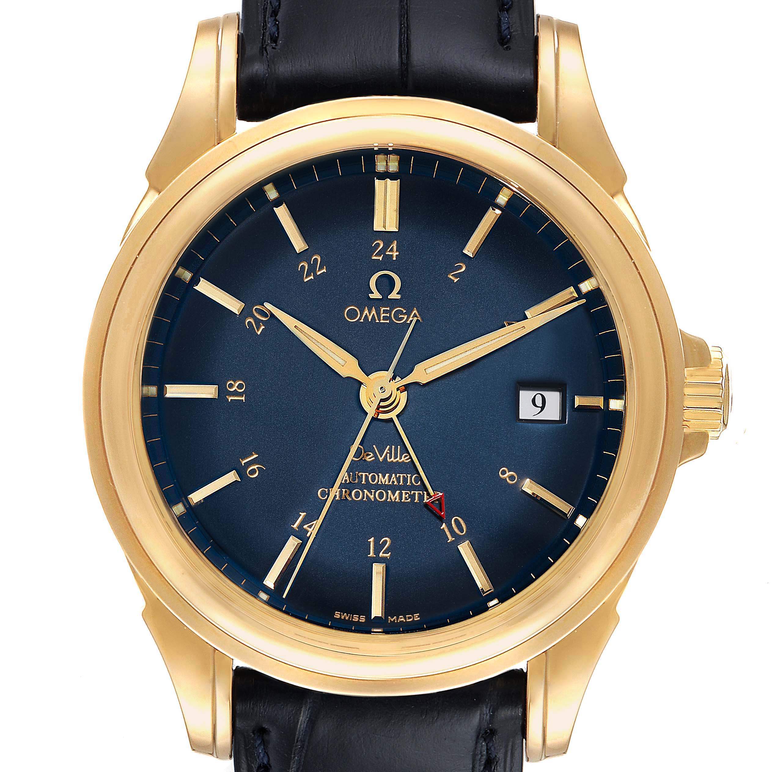 This image shows a frontal view of the Omega De Ville 4633.80.00 Men's Yellow Gold Blue Dial 4633.80.00 Men's Yellow Gold Blue Dial watch, featuring its dial, hands, date window, and leather strap.
